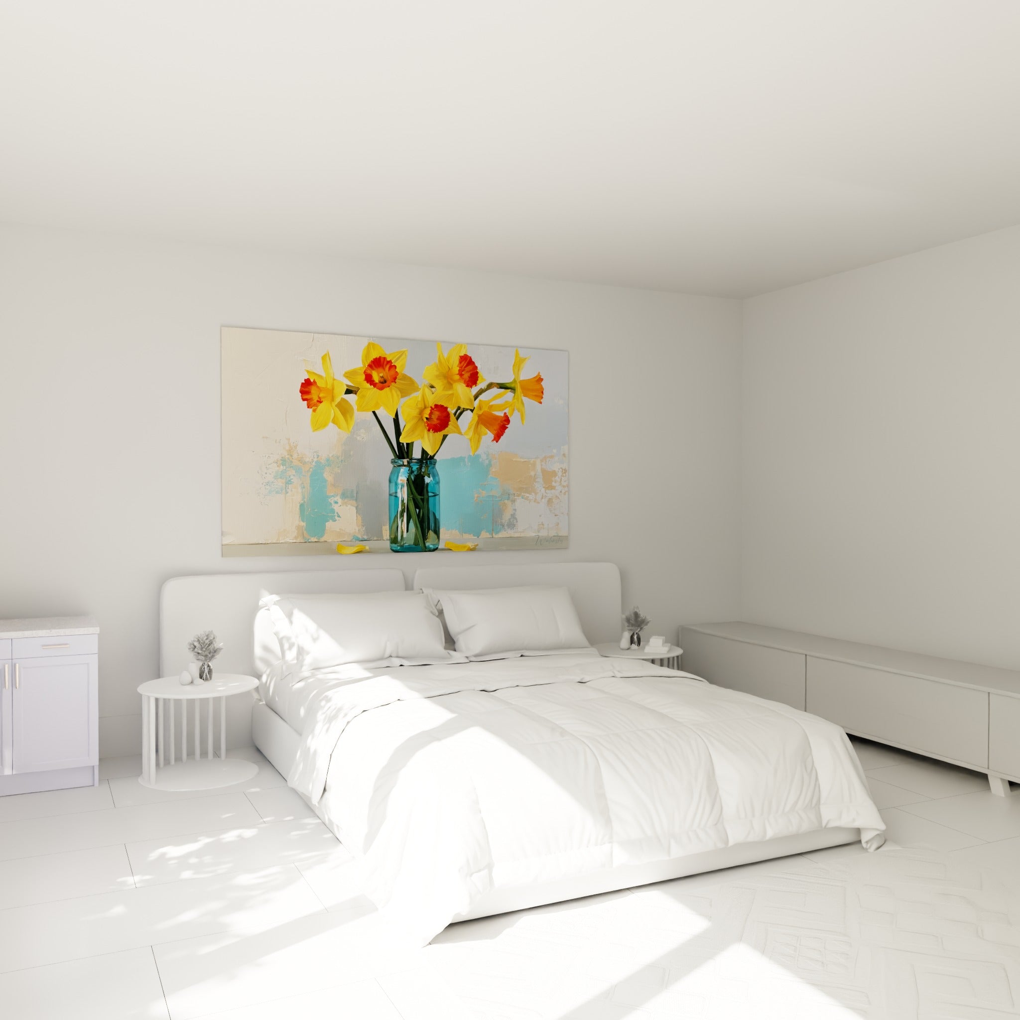 Bouquet de jonquilles jaunes et rouges au-dessus d'un lit dans une chambre claire