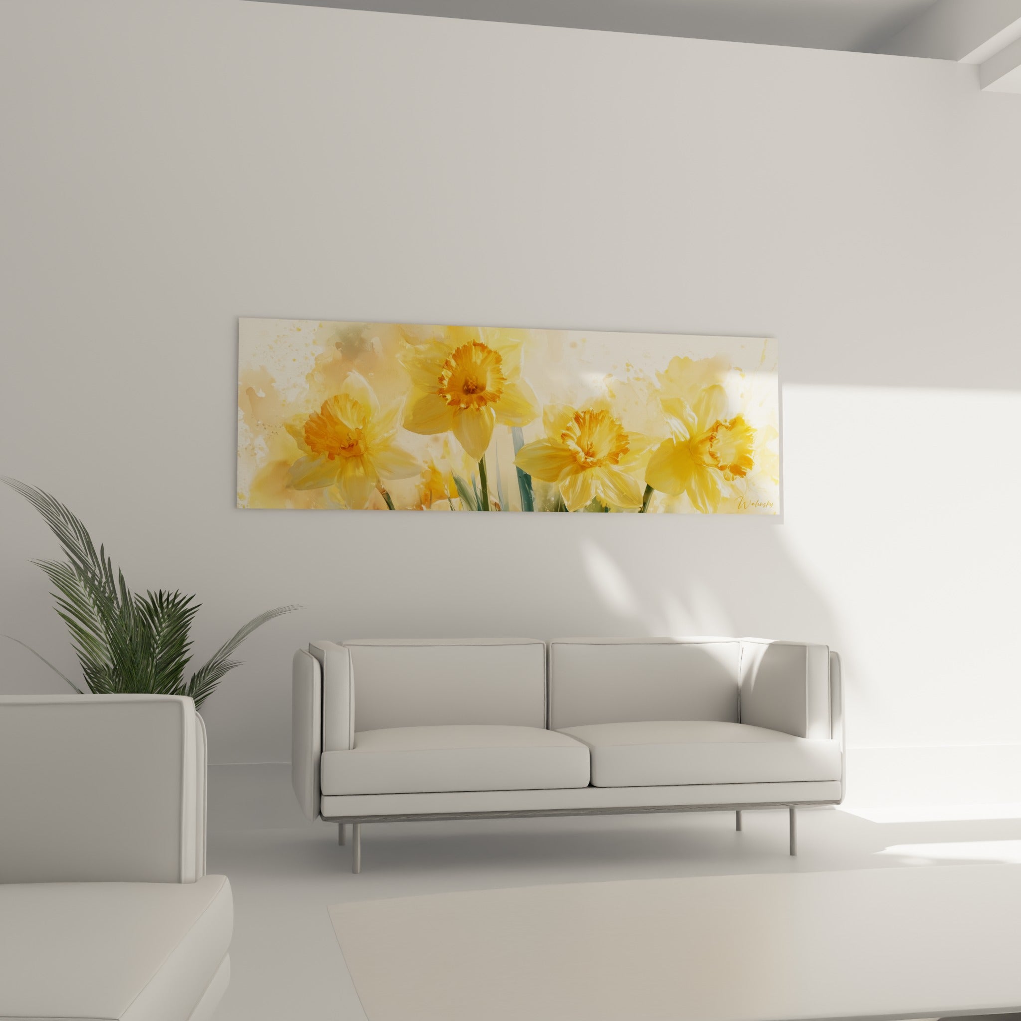 Bouquet de jonquilles jaune et orangé au-dessus d'un canapé dans un salon lumineux