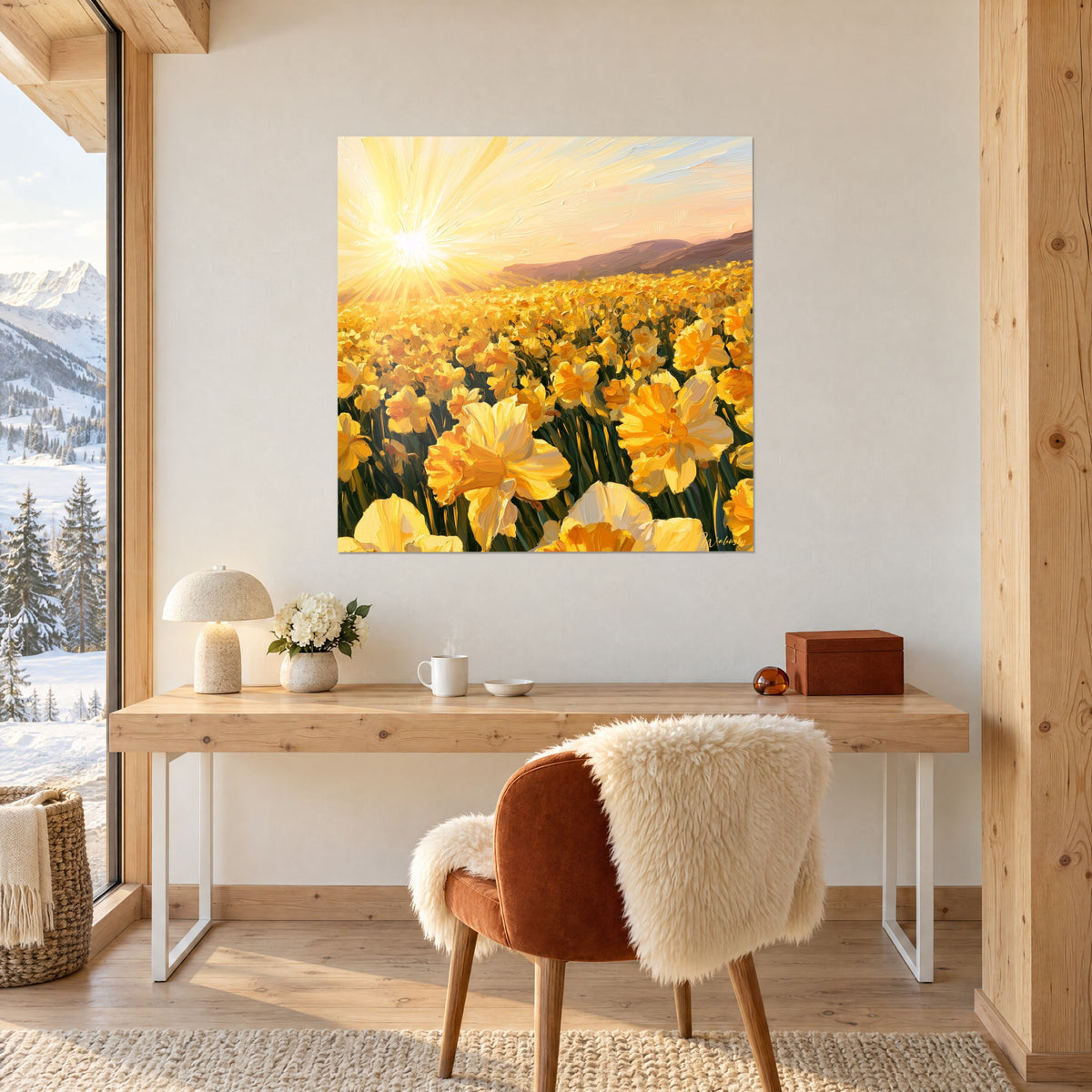 Schilderij bloei van amberkleurige en lichtgele narcissen op verre heuvels, opgehangen boven een houten bureau in lichte tint