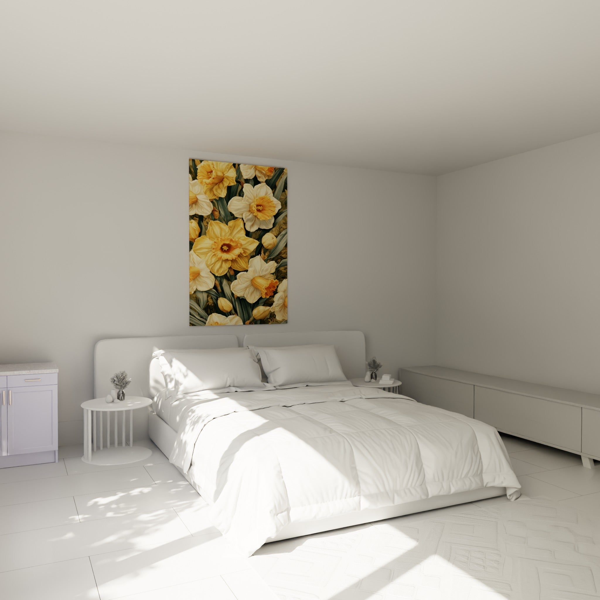 Bouquet de jonquilles jaunes et blanches accroché au-dessus d'un lit dans une chambre claire