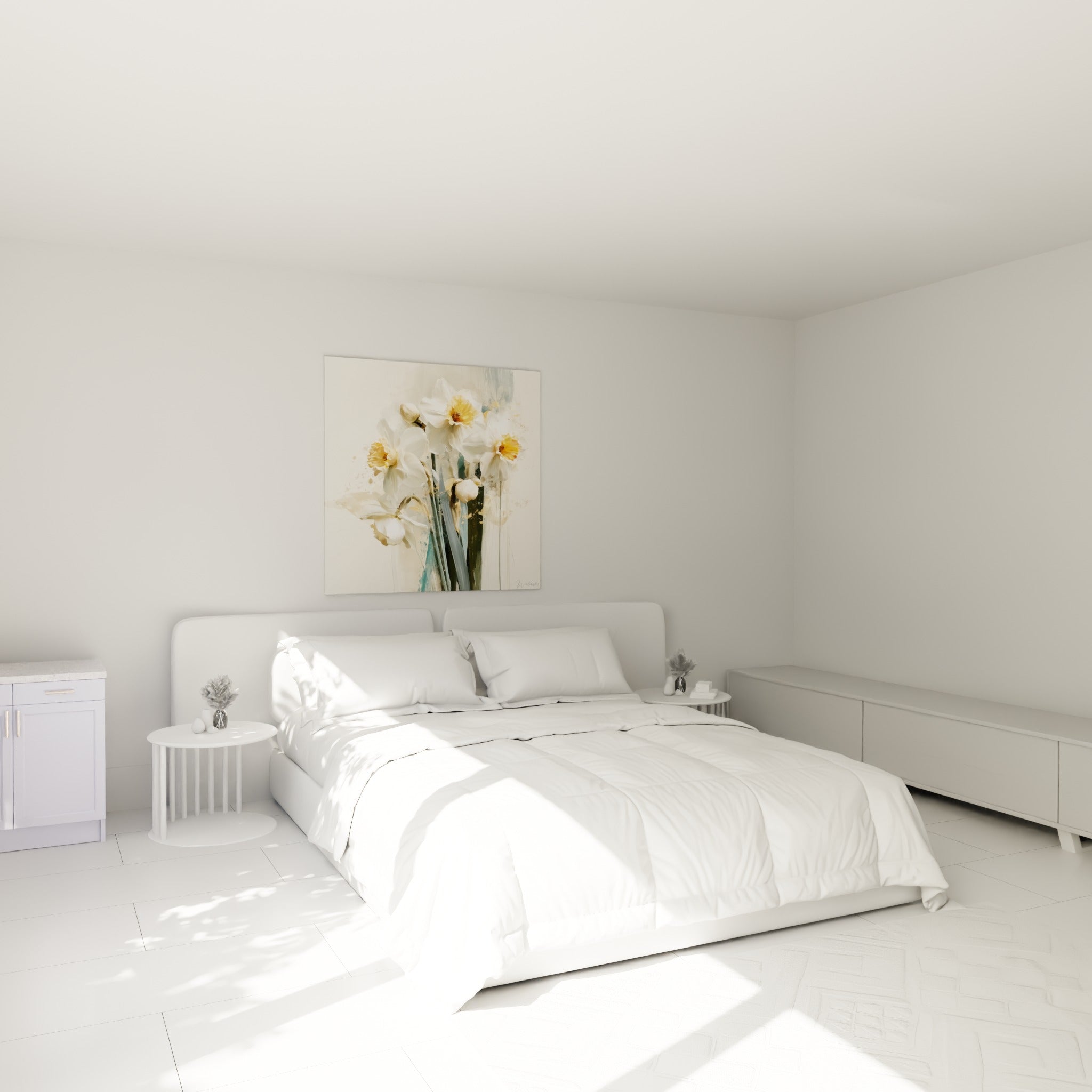 Bouquet de jonquilles blanches et safran accroché au-dessus d'un lit dans une chambre claire