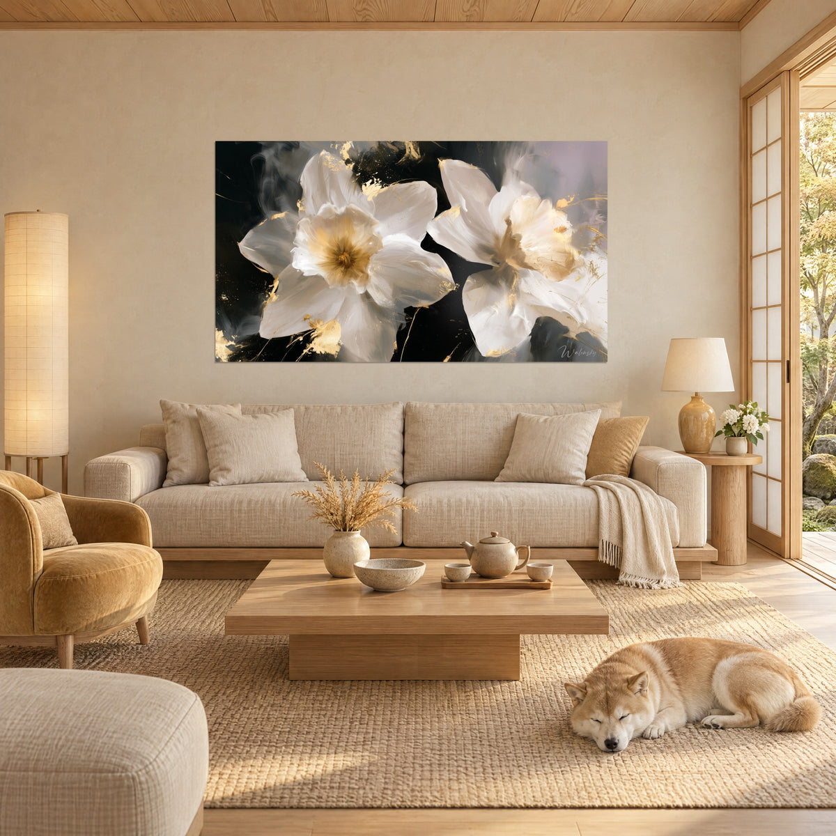 Wall art white daffodils with golden hearts on black background, gold flecks, sleeping Shiba above a sofa in a bright living room