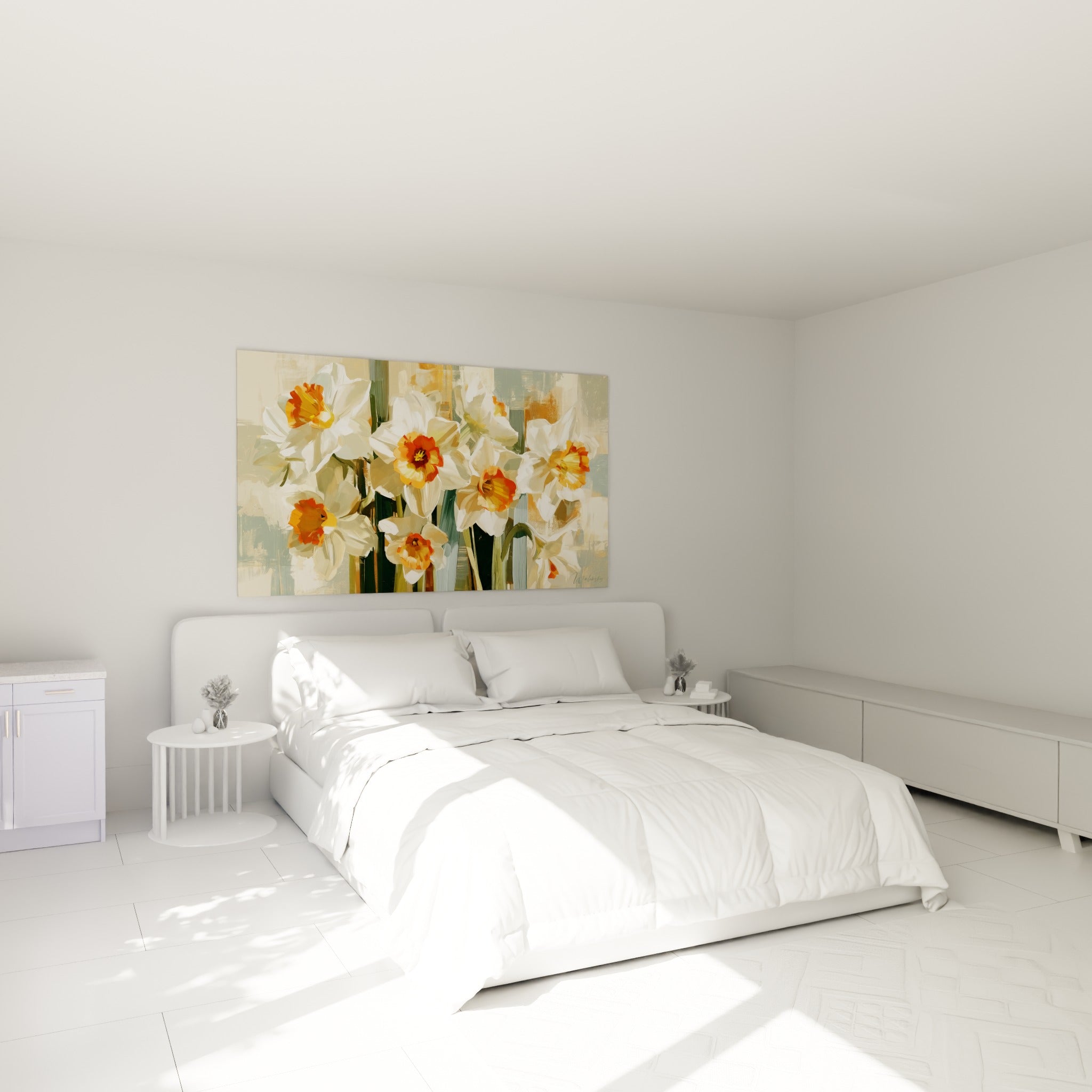 Bouquet de jonquilles blanches et orange au-dessus d'un lit dans une chambre claire