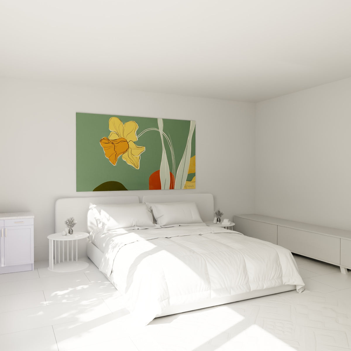 Fleur de jonquille ocre et vert sauge accrochée au-dessus d'un lit dans une chambre claire