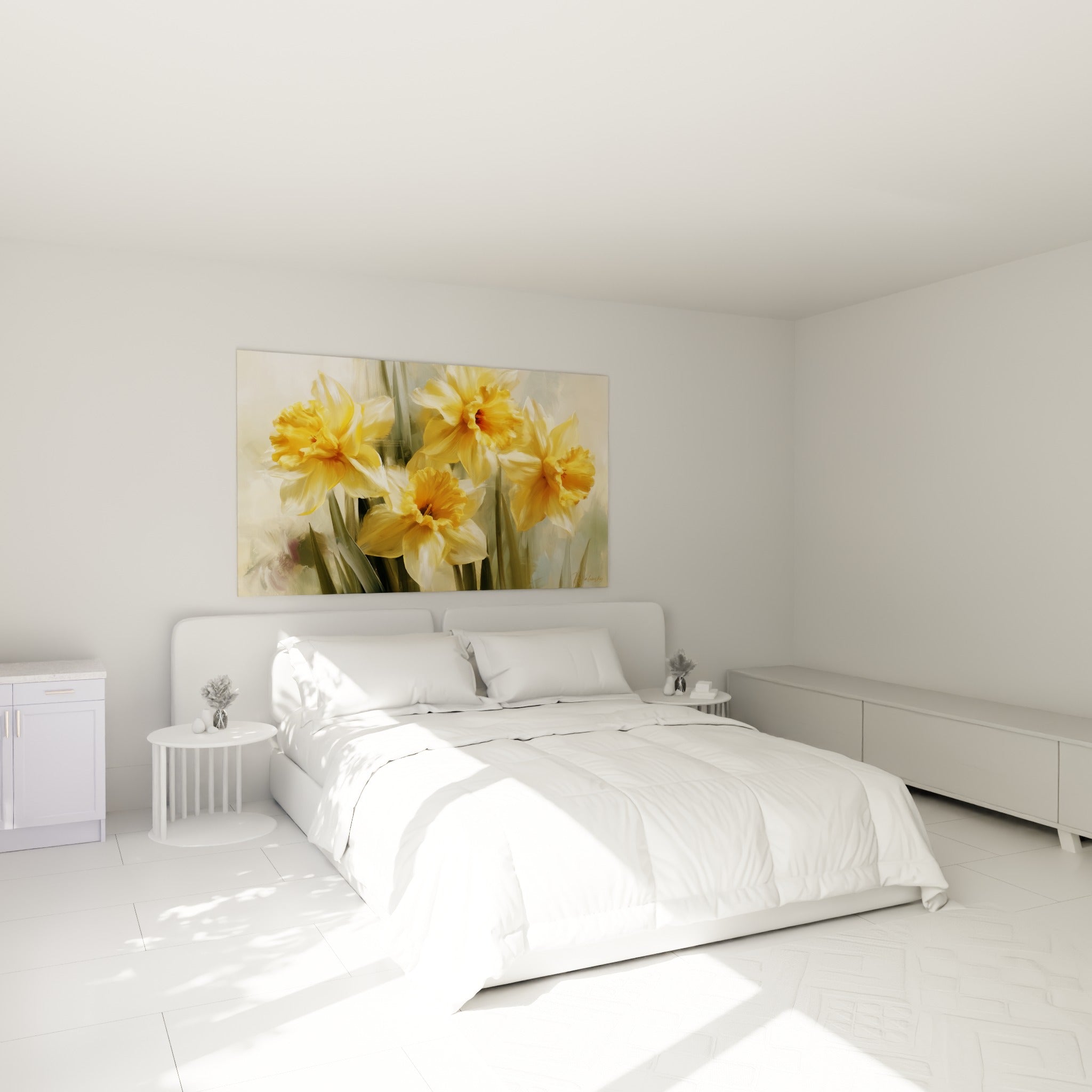 Bouquet de jonquilles dorées et ivoire au-dessus d'un lit dans une chambre claire