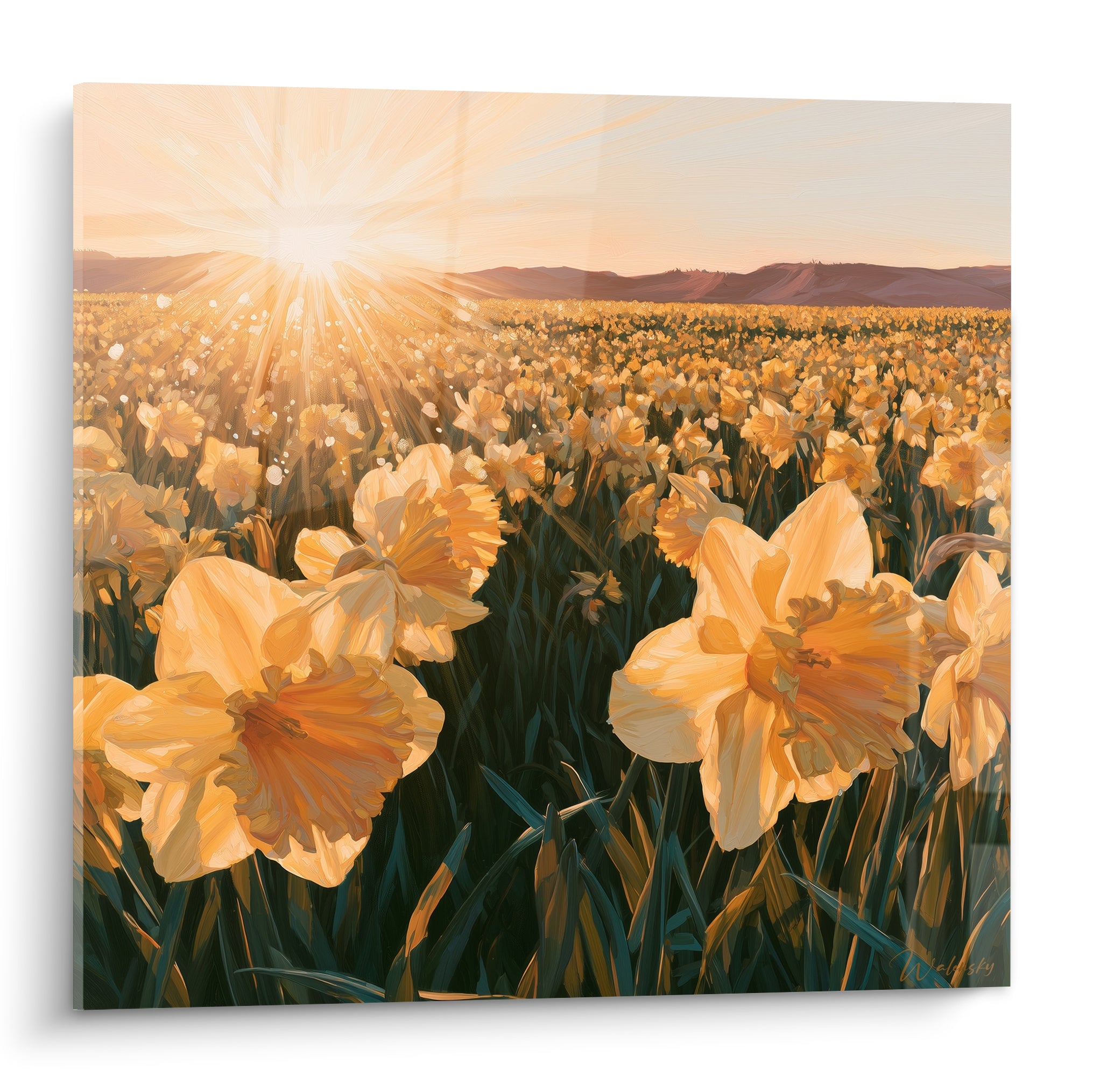 Jonquilles dorées et vertes en plein champ, rayons de soleil traversant la scène peinte