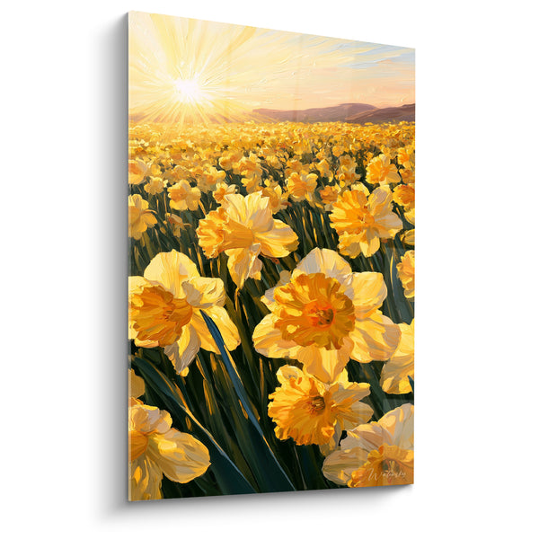 Tableau Champ jaune et orange sous soleil rayonnant - Collines mauves à l'horizon - Edition Jonquille