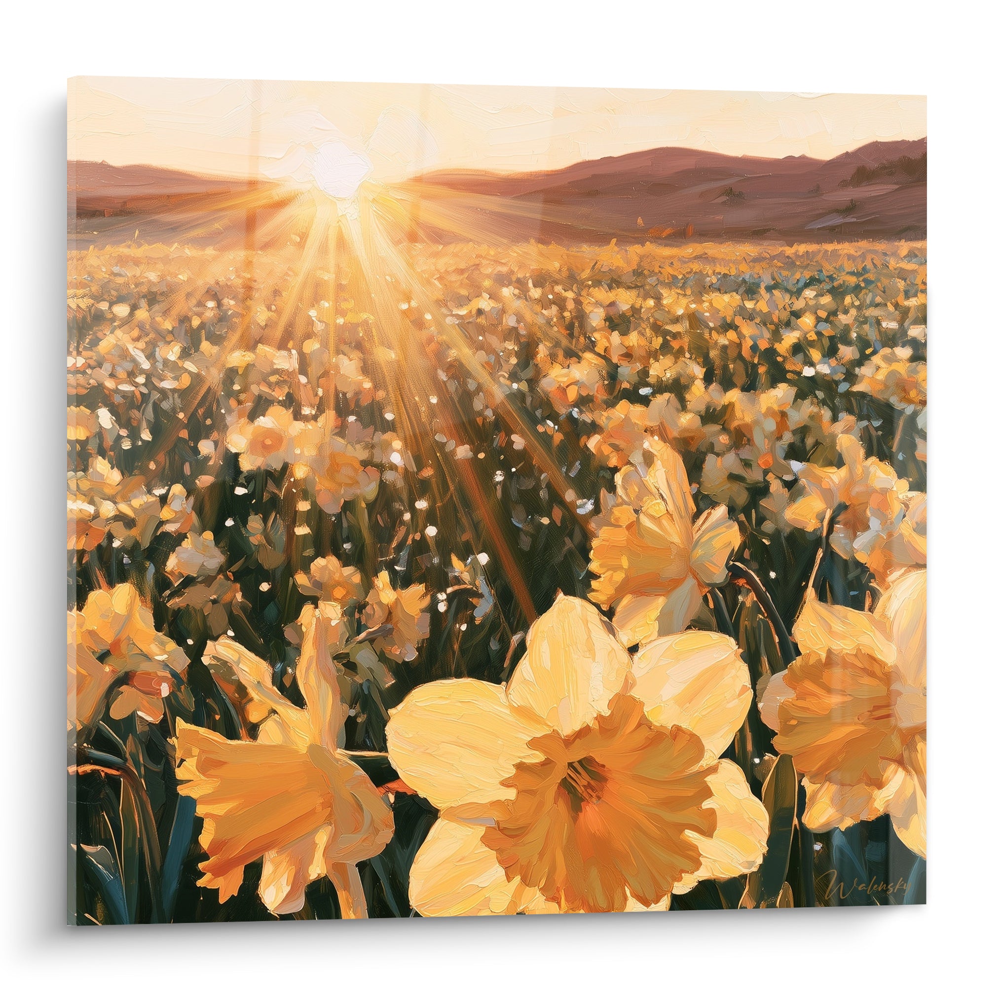 Jonquilles dorées et vertes en plein champ sous un soleil éclatant peint à l'huile