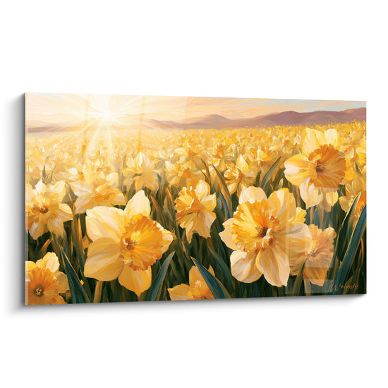 Jonquilles jaune et orangé peintes en gros champ sous un soleil éclatant et collines mauves