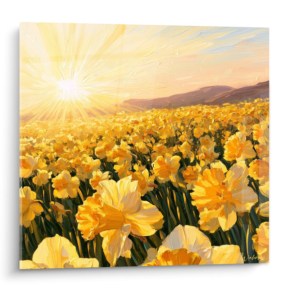 Tableau Champ de jonquilles jaunes et orangées vers collines lointaines - Soleil éclatant à l'horizon - Edition Jonquille