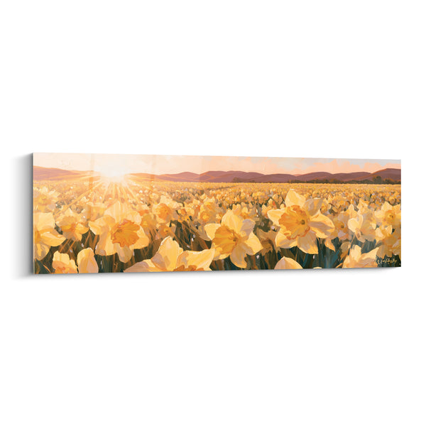 Tableau Champ jaune et orangé sous soleil rasant à l'horizon - Collines brunes lointaines - Edition Jonquille