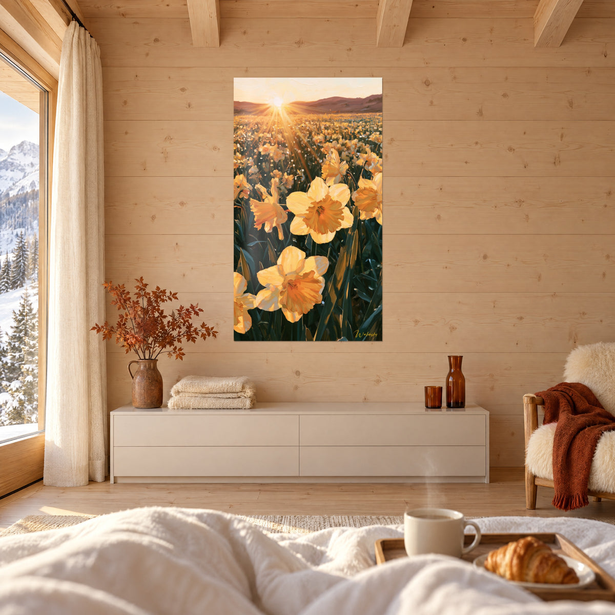 Cuadro floración de narcisos naranjas y amarillos, sol naciente y colinas rosadas, manta blanca y media luna sobre la cama, encima de una cama en un dormitorio luminoso