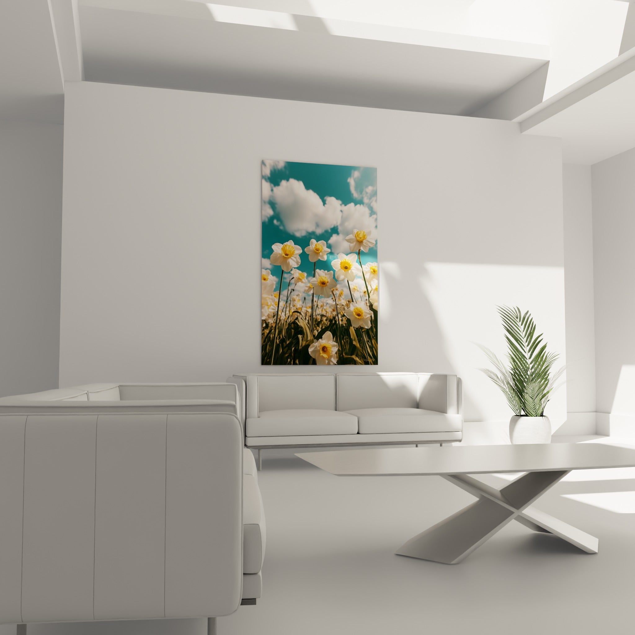 Champ de jonquilles blanches vers un ciel bleu d'été, disposé au-dessus d'un canapé dans un salon lumineux