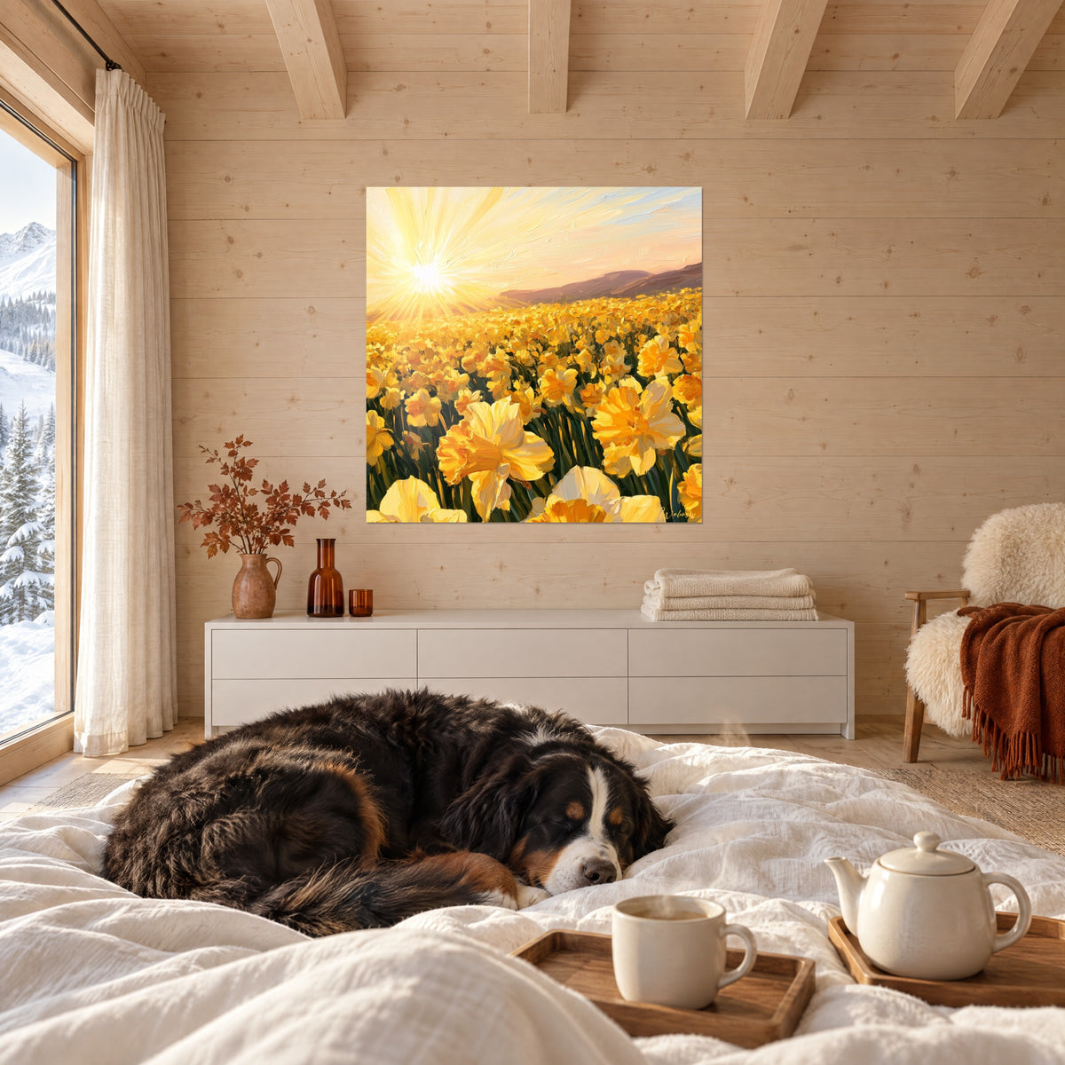Schilderij weide van gouden en abrikooskleurige narcissen, paarse heuvels, slapende zwart-witte hond, boven een bed in een lichte slaapkamer