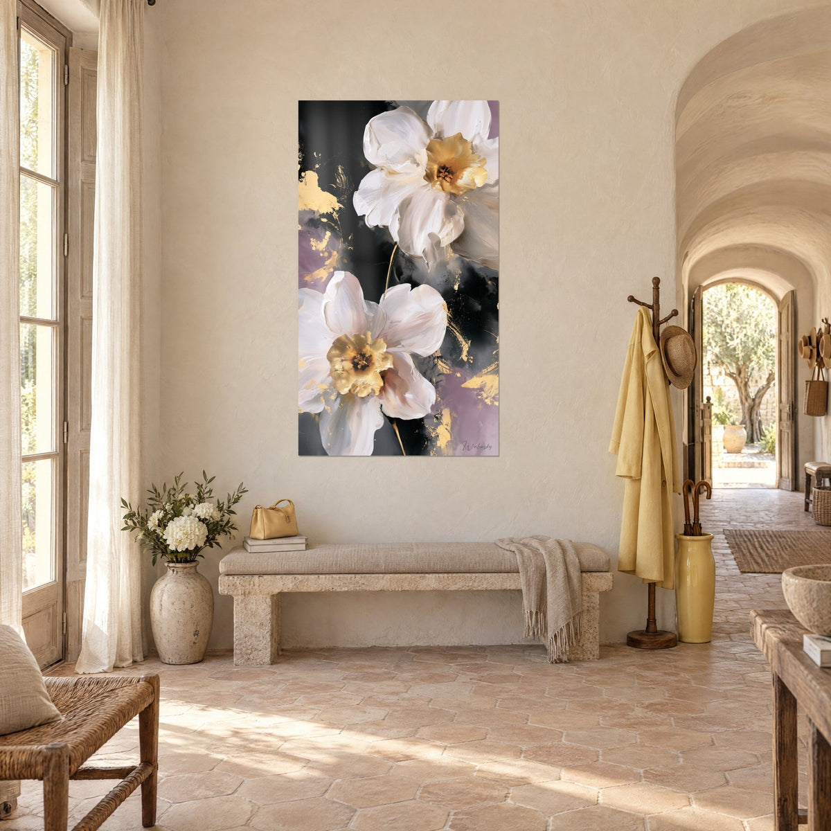 Wall art cream daffodils in thick impasto, gold splashes on black, three-quarter view in the entrance of a Provençal farmhouse