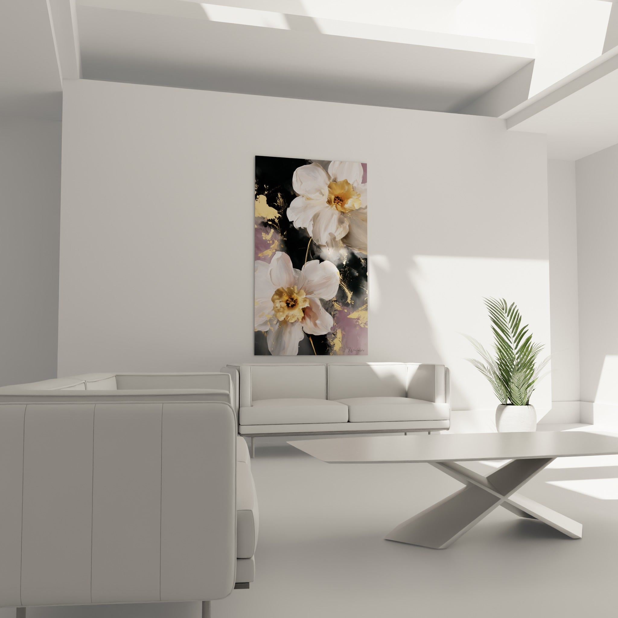 Pétales crème et centres dorés de jonquille disposés au-dessus d'un canapé dans un salon lumineux
