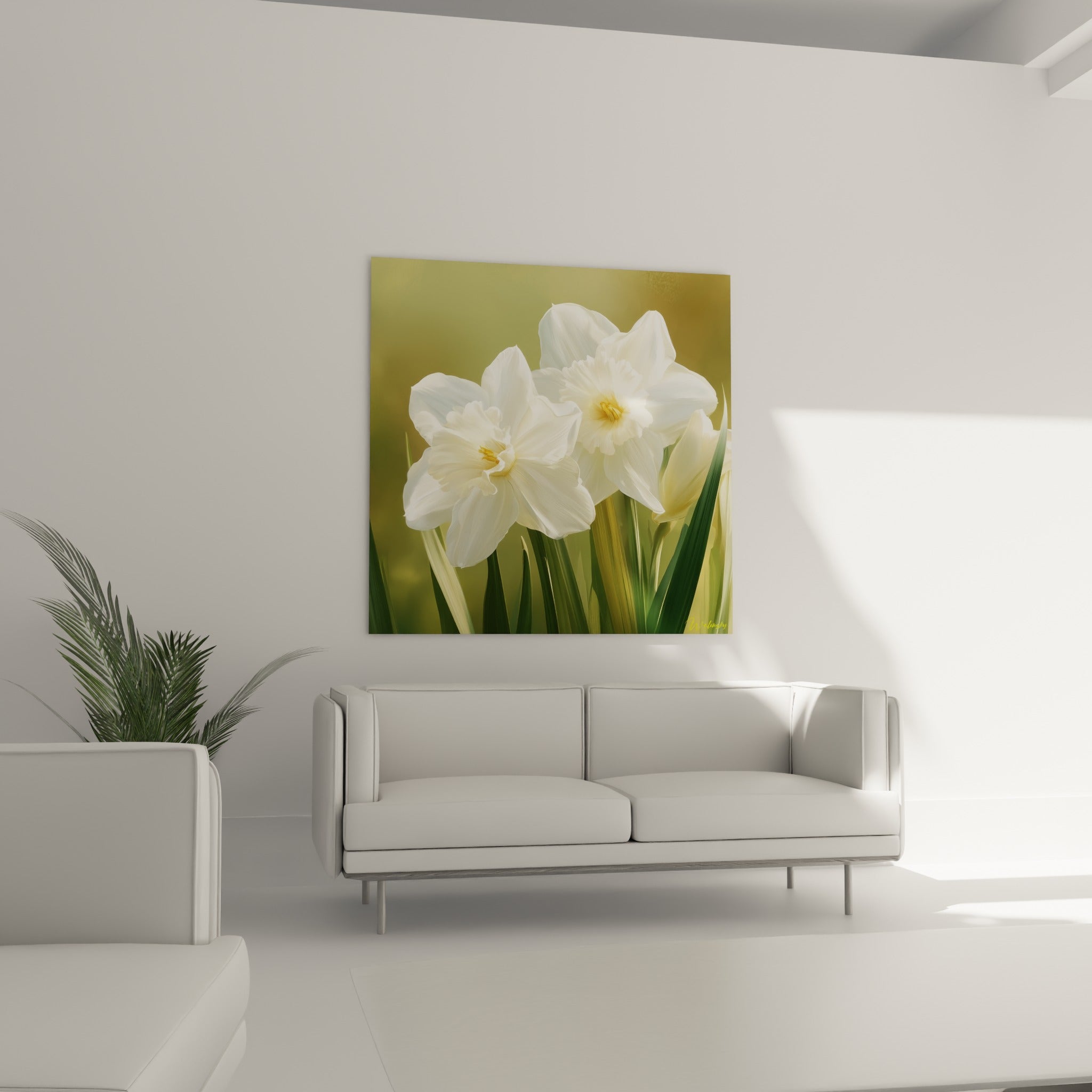 Pétales blancs et jaune doré de jonquilles épanouies, suspendus au-dessus d'un canapé dans un salon lumineux