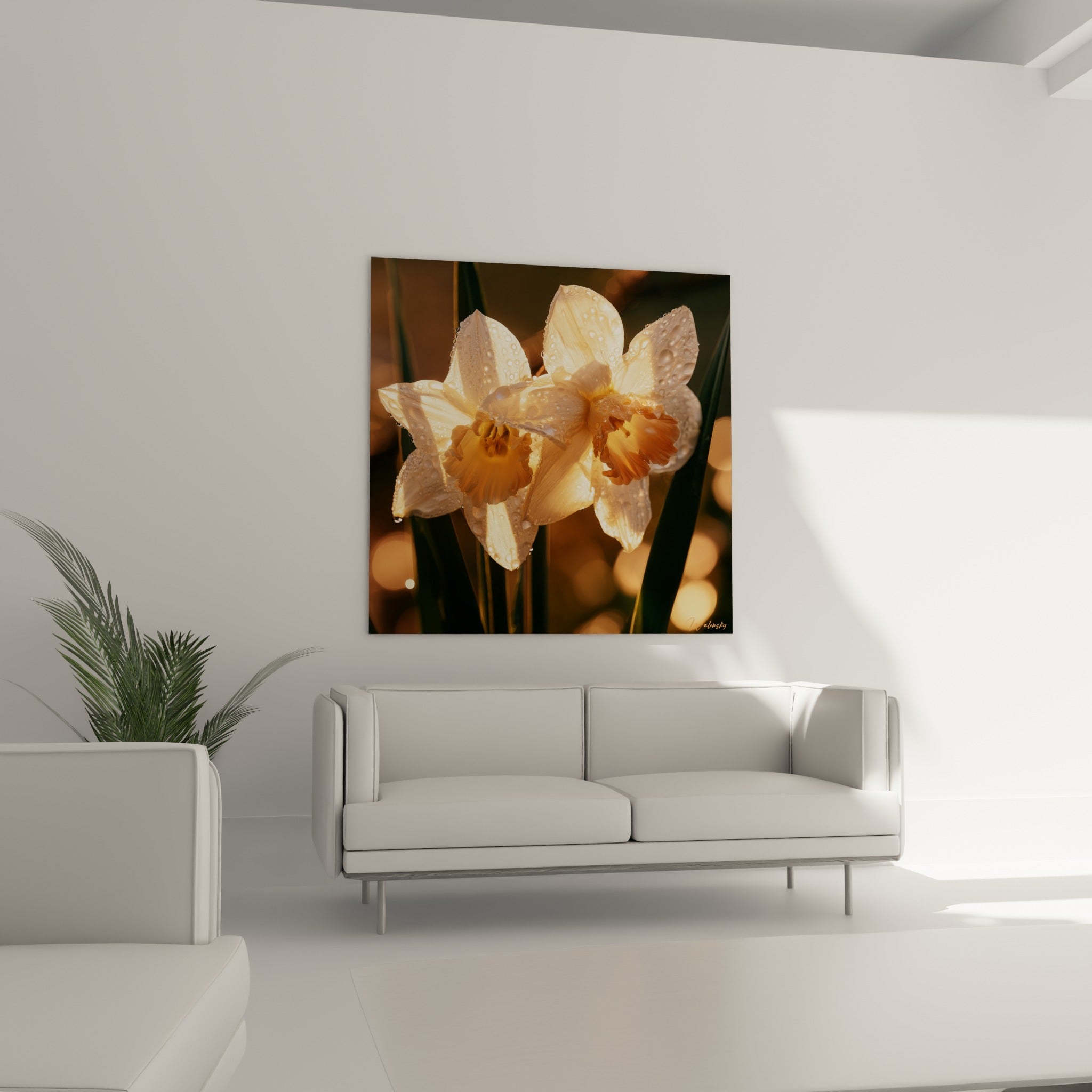 Pétales de jonquille blancs et cœurs dorés scintillants de rosée, au-dessus d'un canapé dans un salon lumineux