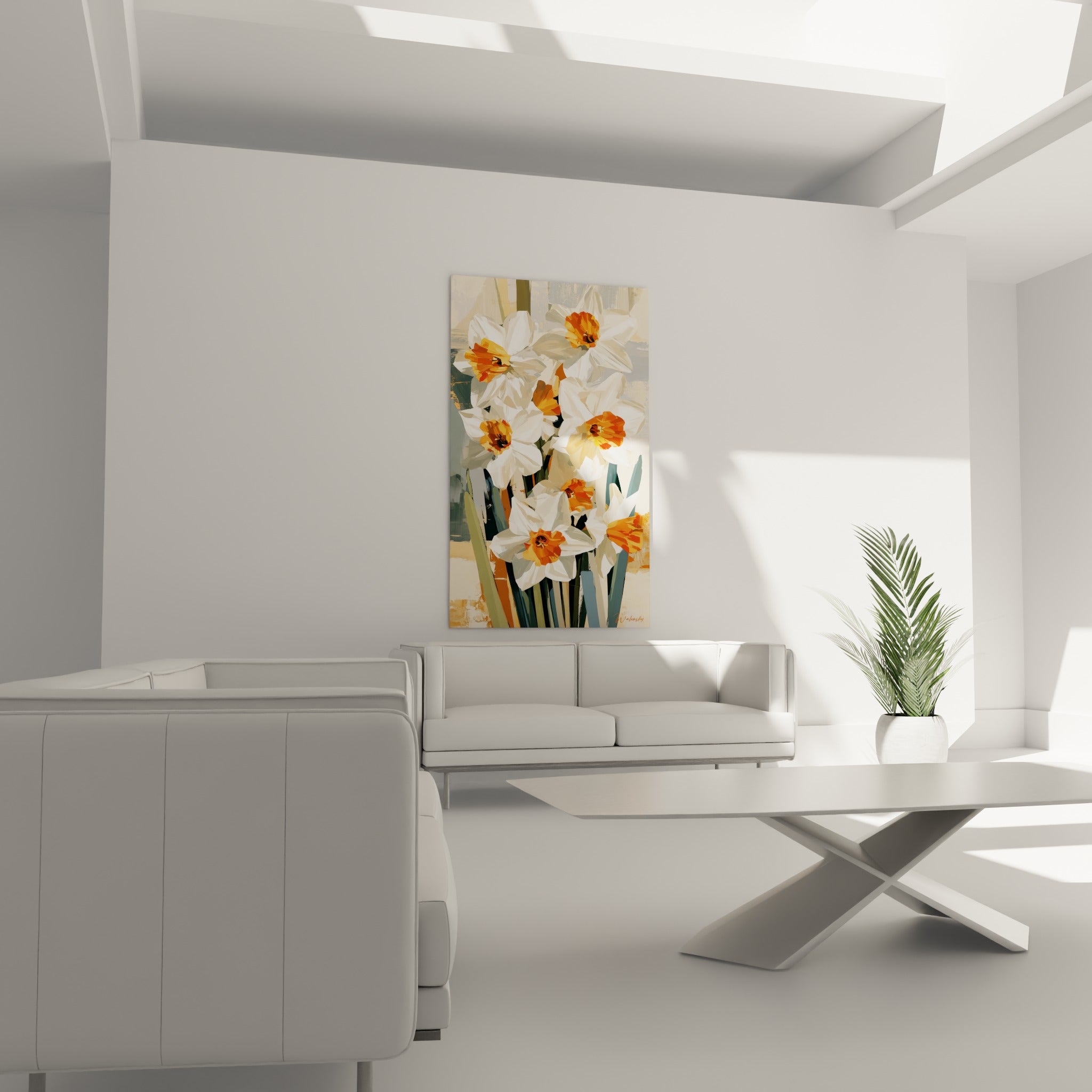 Fleurs de jonquille blanches aux cœurs orange vif au-dessus d'un canapé dans un salon lumineux