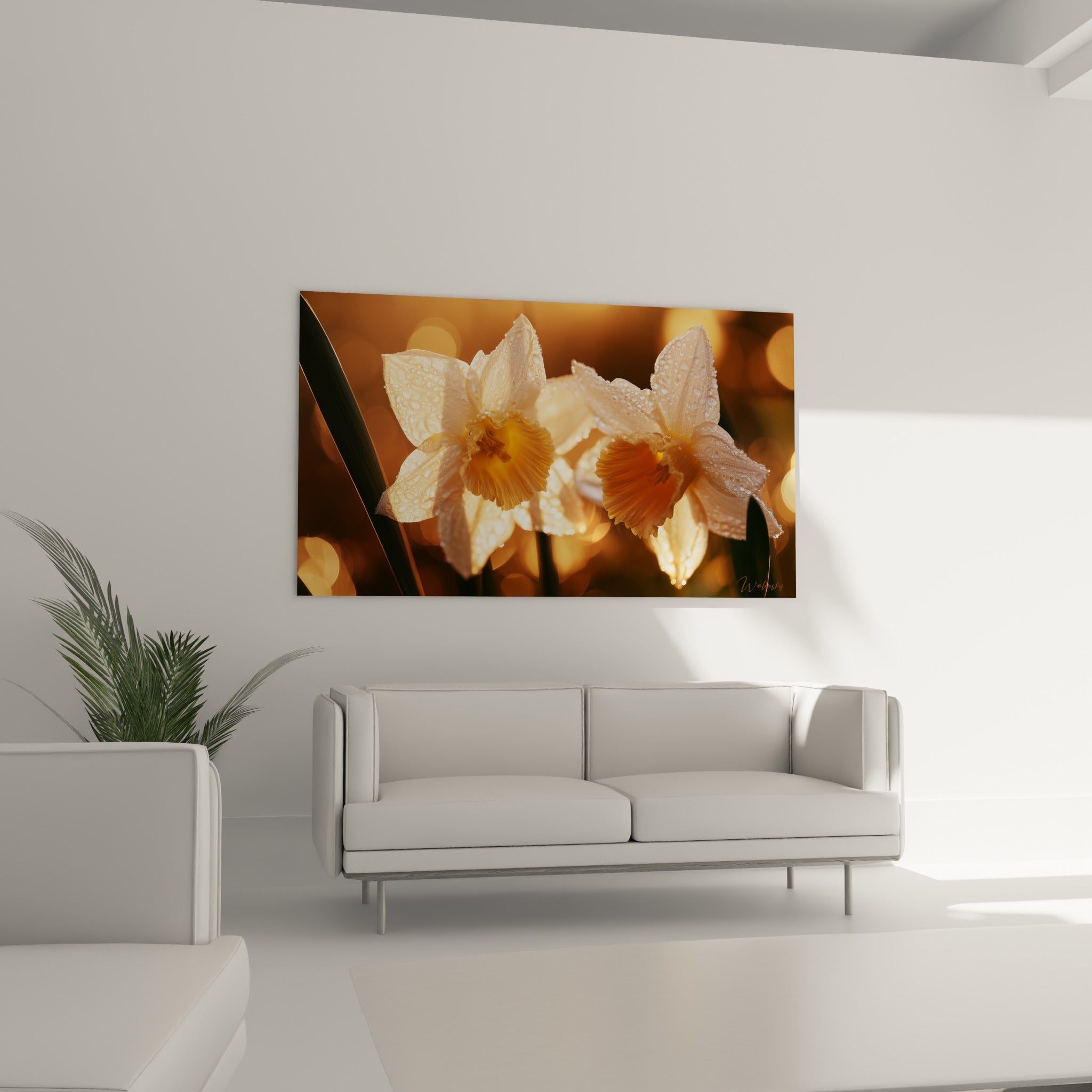 Fleurs de jonquille aux tons crème et dorés au-dessus d'un canapé dans un salon lumineux