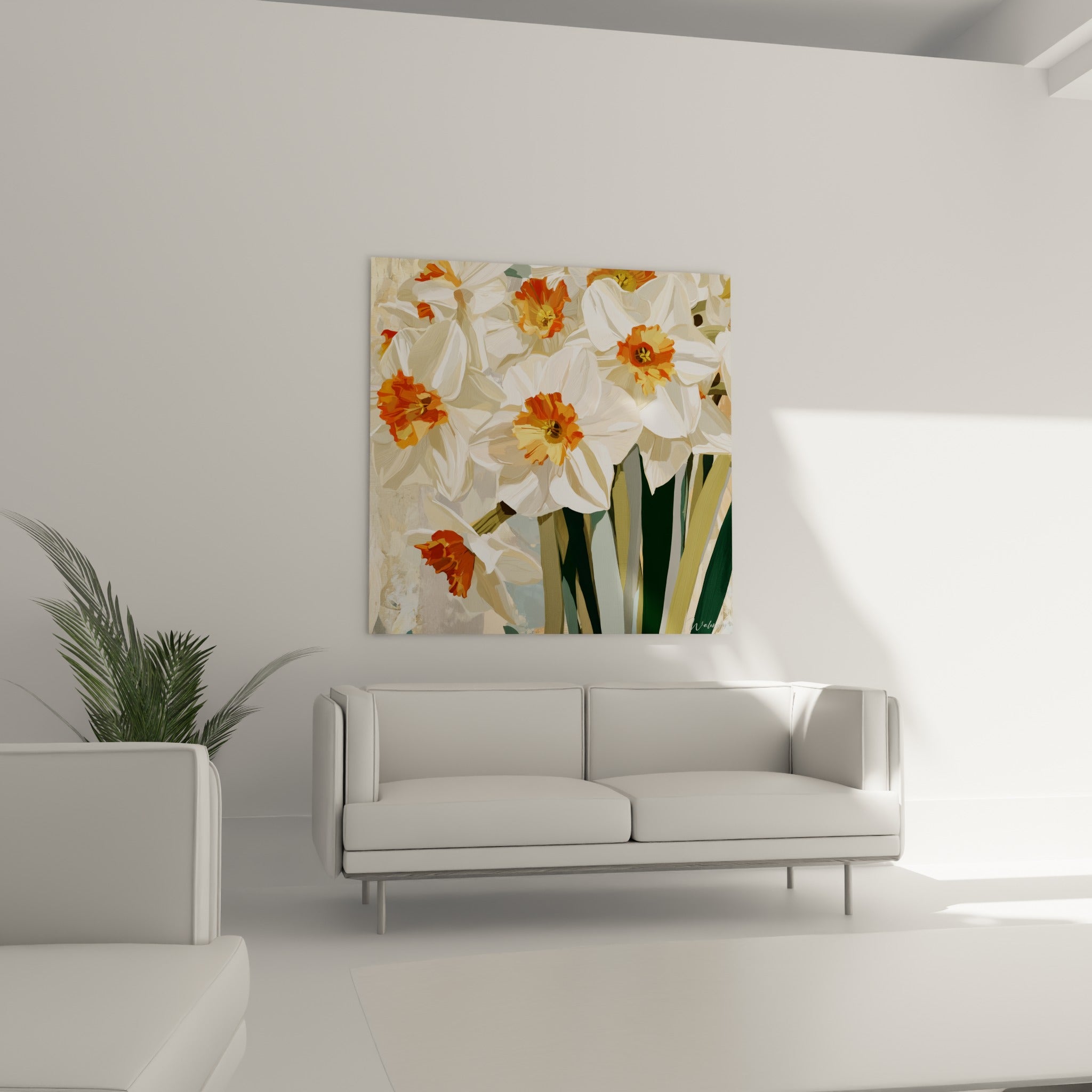 Fleurs de jonquille blanches à cœur doré disposées au-dessus d'un canapé dans un salon lumineux