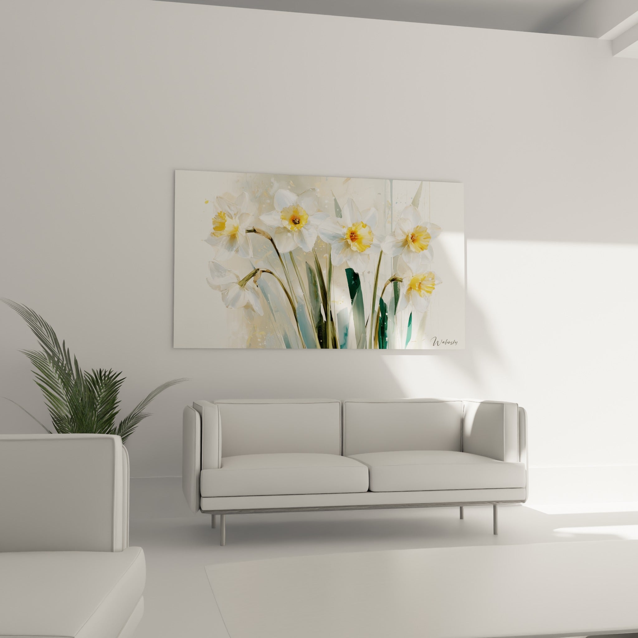 Fleurs de jonquille blanches et ocre disposées au-dessus d'un canapé dans un salon lumineux