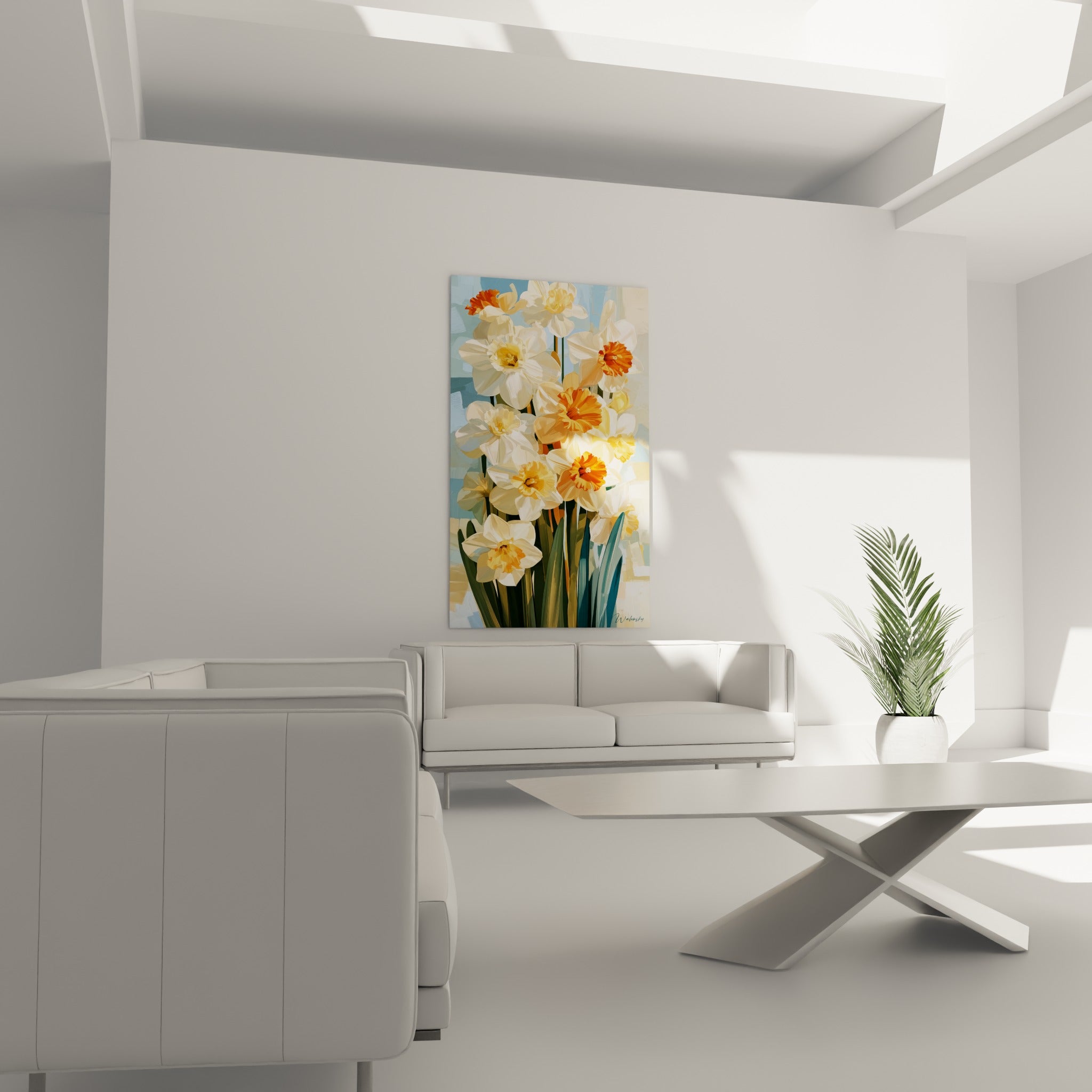 Fleurs de jonquille crème et orange corail au-dessus d'un canapé dans un salon lumineux