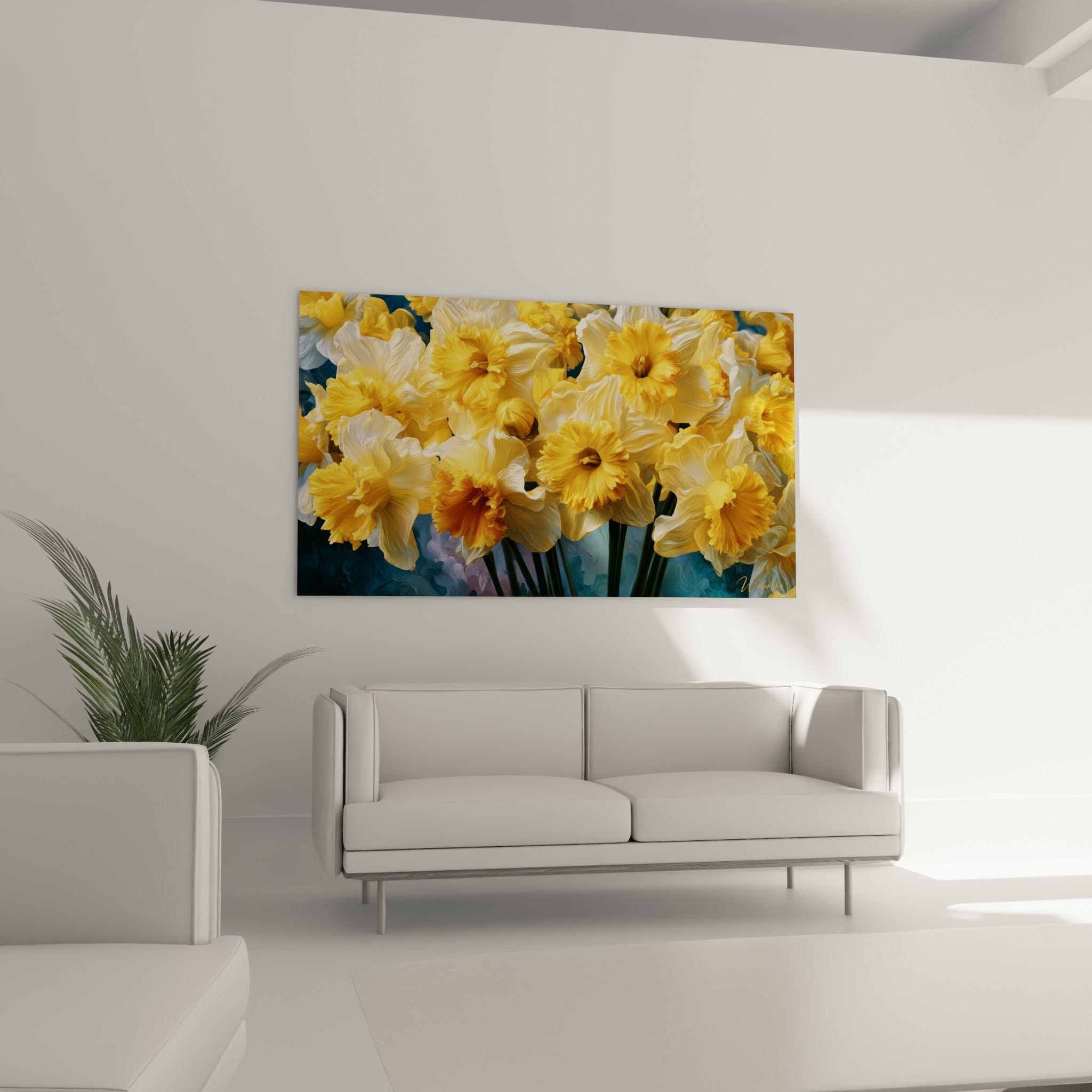 Fleurs de jonquille aux pétales crème et centres orangés, au-dessus d'un canapé dans un salon lumineux