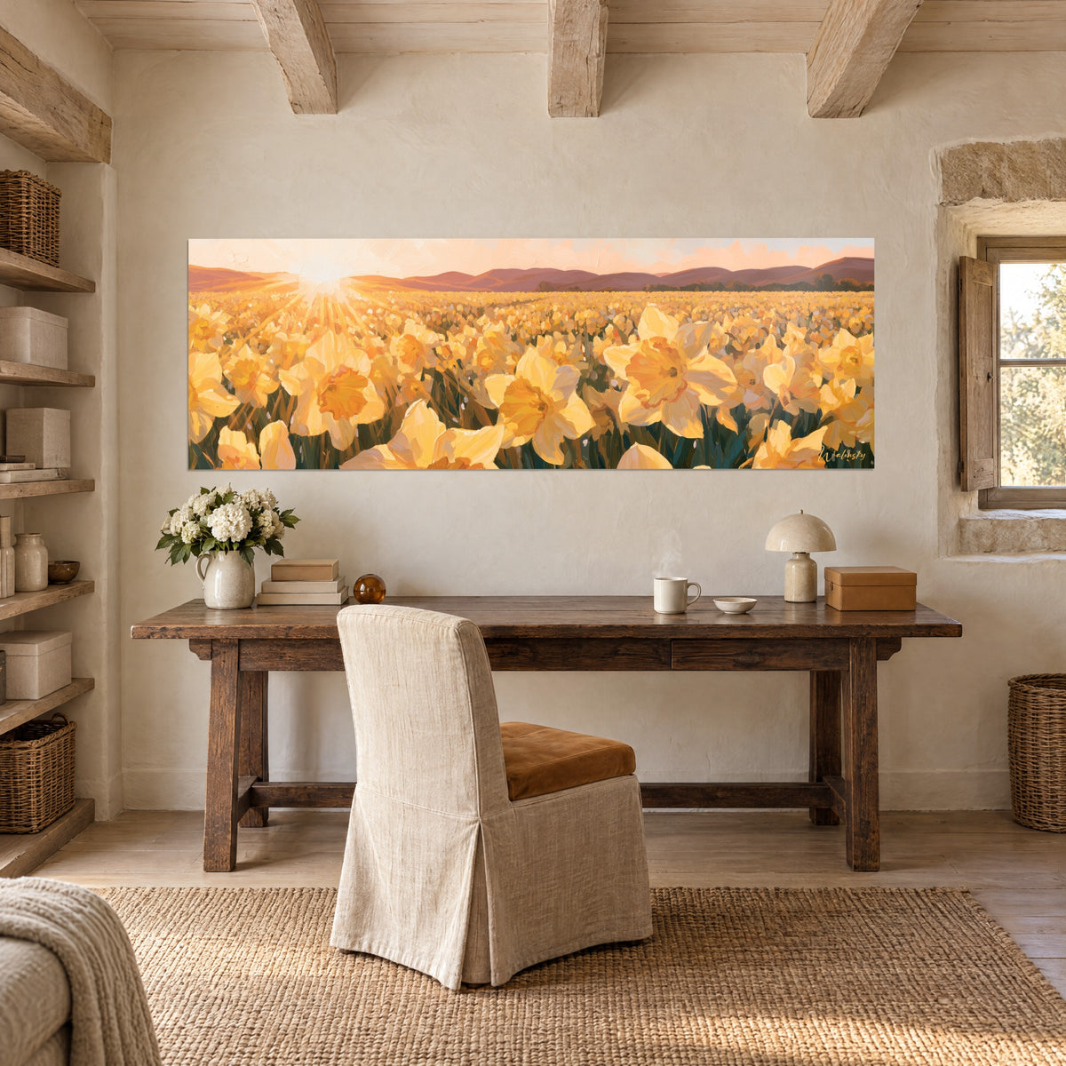 Cuadro narcisos en flor amarillo vivo y verde profundo, colinas pardas en el horizonte, panorámica encima de un escritorio de madera