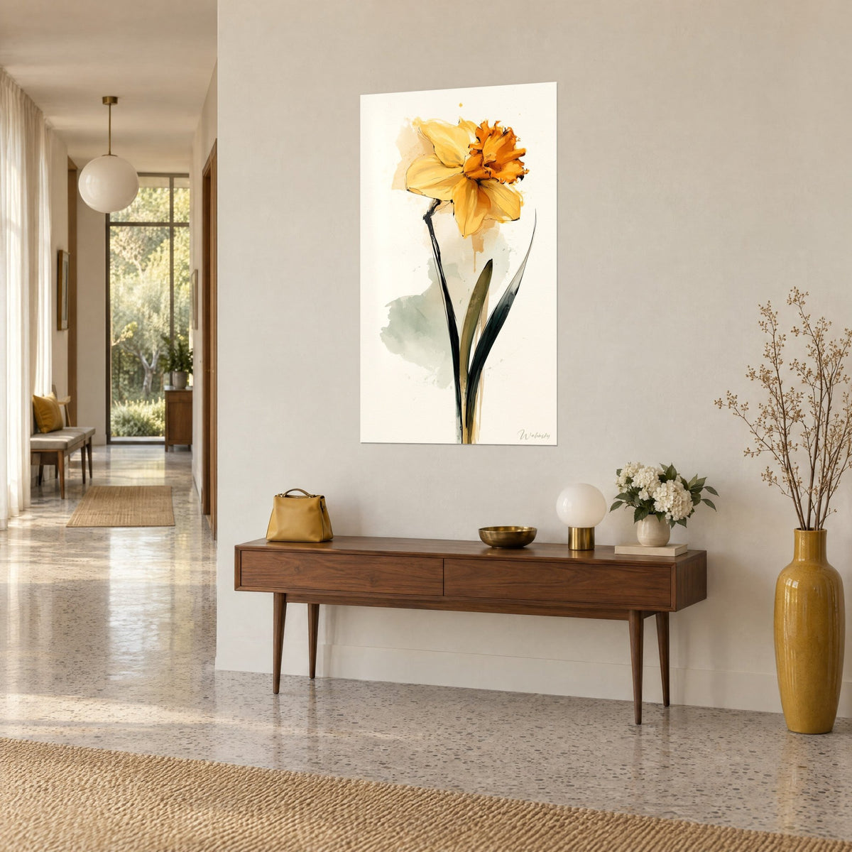 Quadro fiore di narciso con petali ocra dorata e tromba arancione, lungo stelo nero, corridoio e consolle, vista di tre quarti