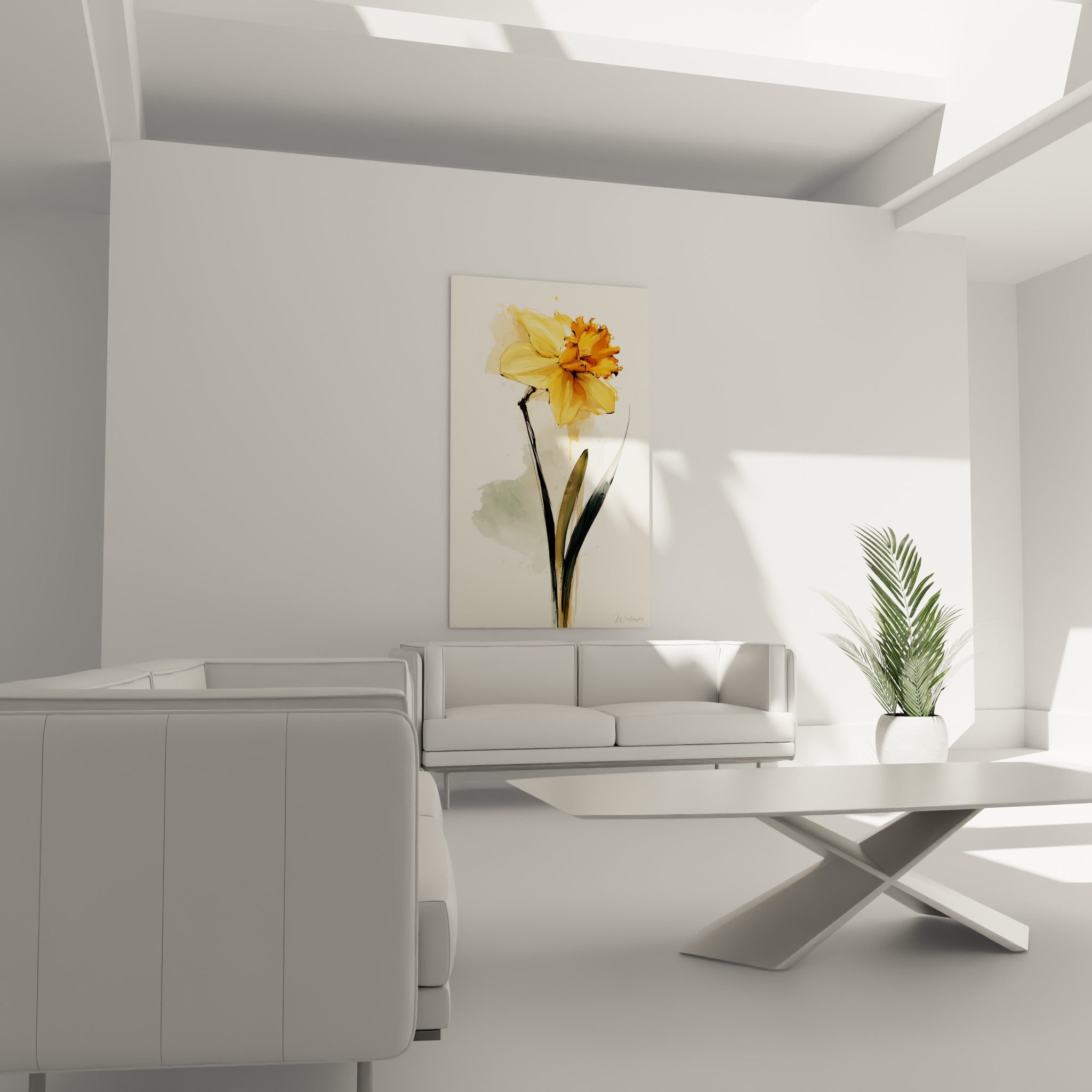 Pétales jaunes et cœur orangé de la jonquille peinte, au-dessus d'un canapé dans un salon lumineux