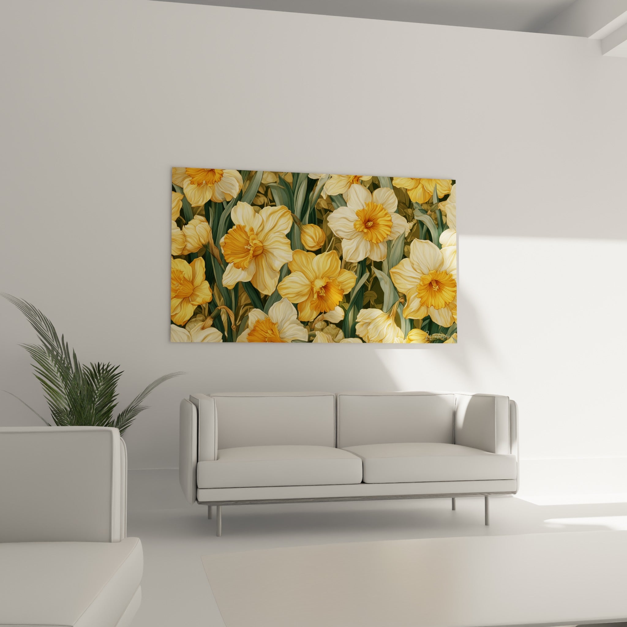 Corolles de jonquilles jaune paille et orange vif au-dessus d'un canapé dans un salon lumineux