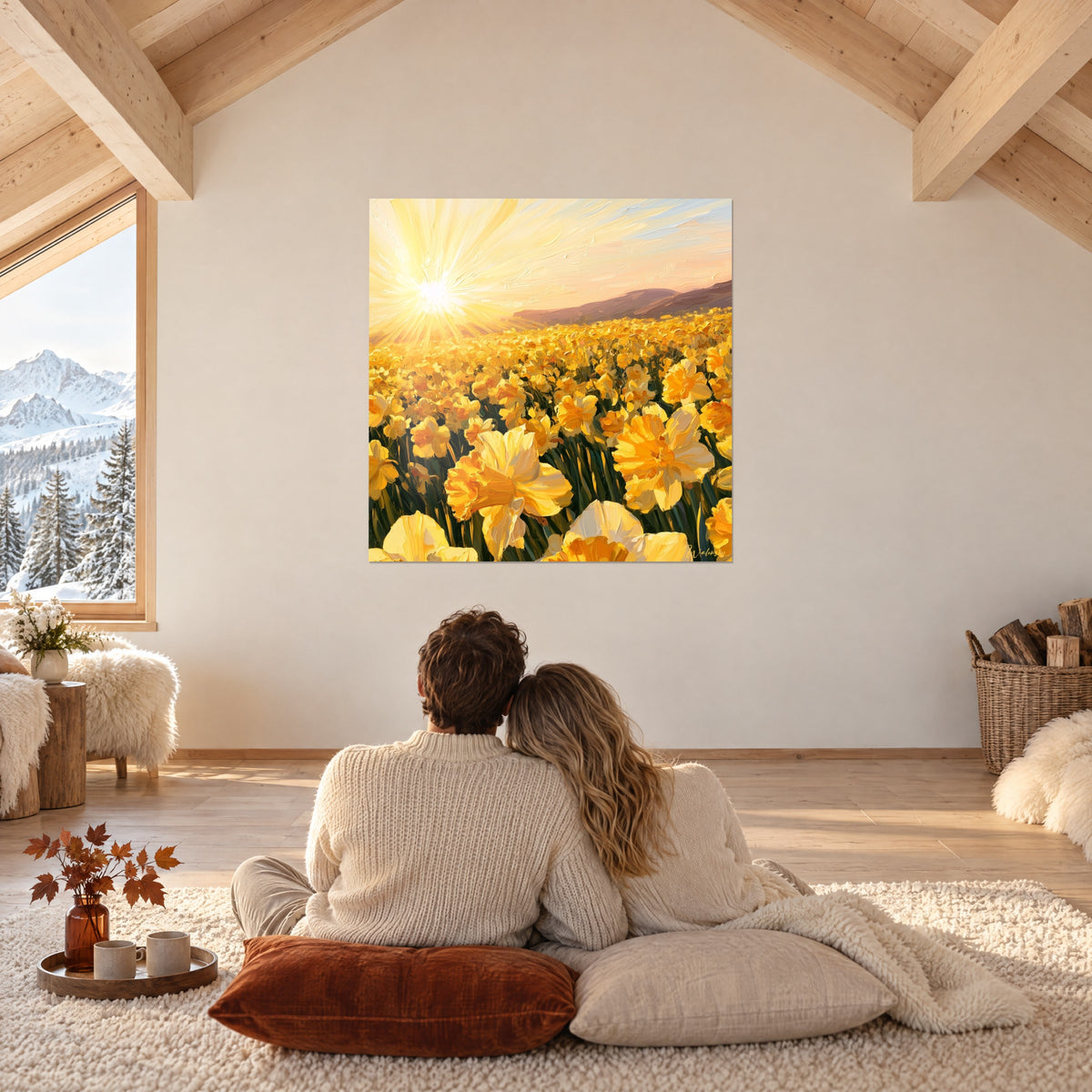 Schilderij stralende zon boven een veld van goudgele en honingkleurige narcissen, omhelzend koppel van achteren op een kleed, chalet onder de sneeuw