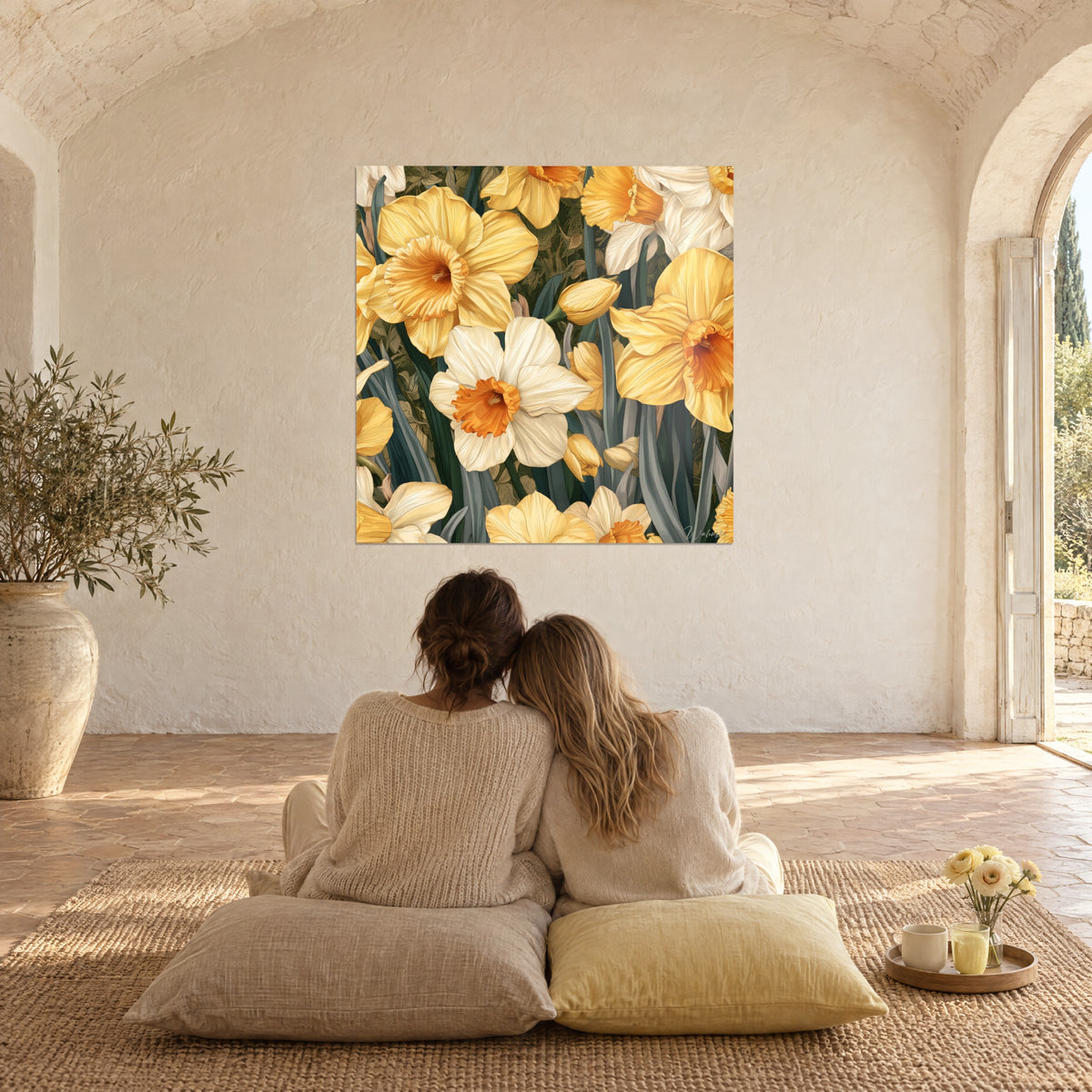 Schilderij volop bloeiende narcissen met feloranje harten, zachtgele en crème bloemblaadjes, twee personen van achteren op kussens, Provençaals landhuis