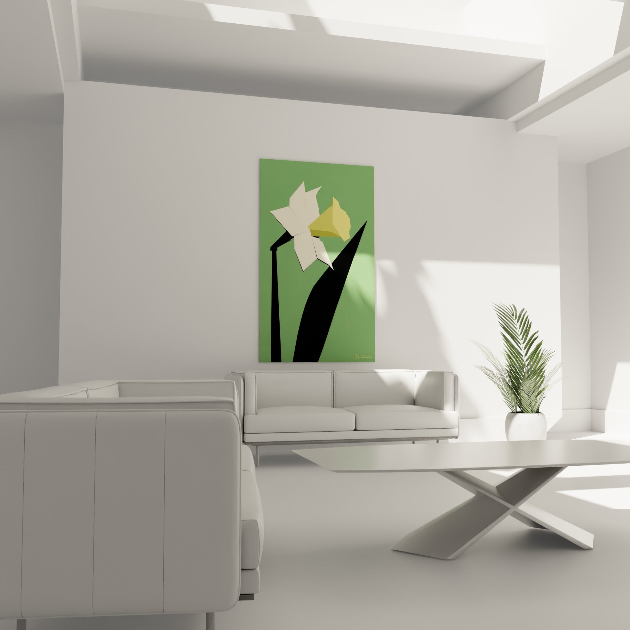 Pétales blancs et cœur jaune de la jonquille suspendus au-dessus d'un canapé dans un salon lumineux