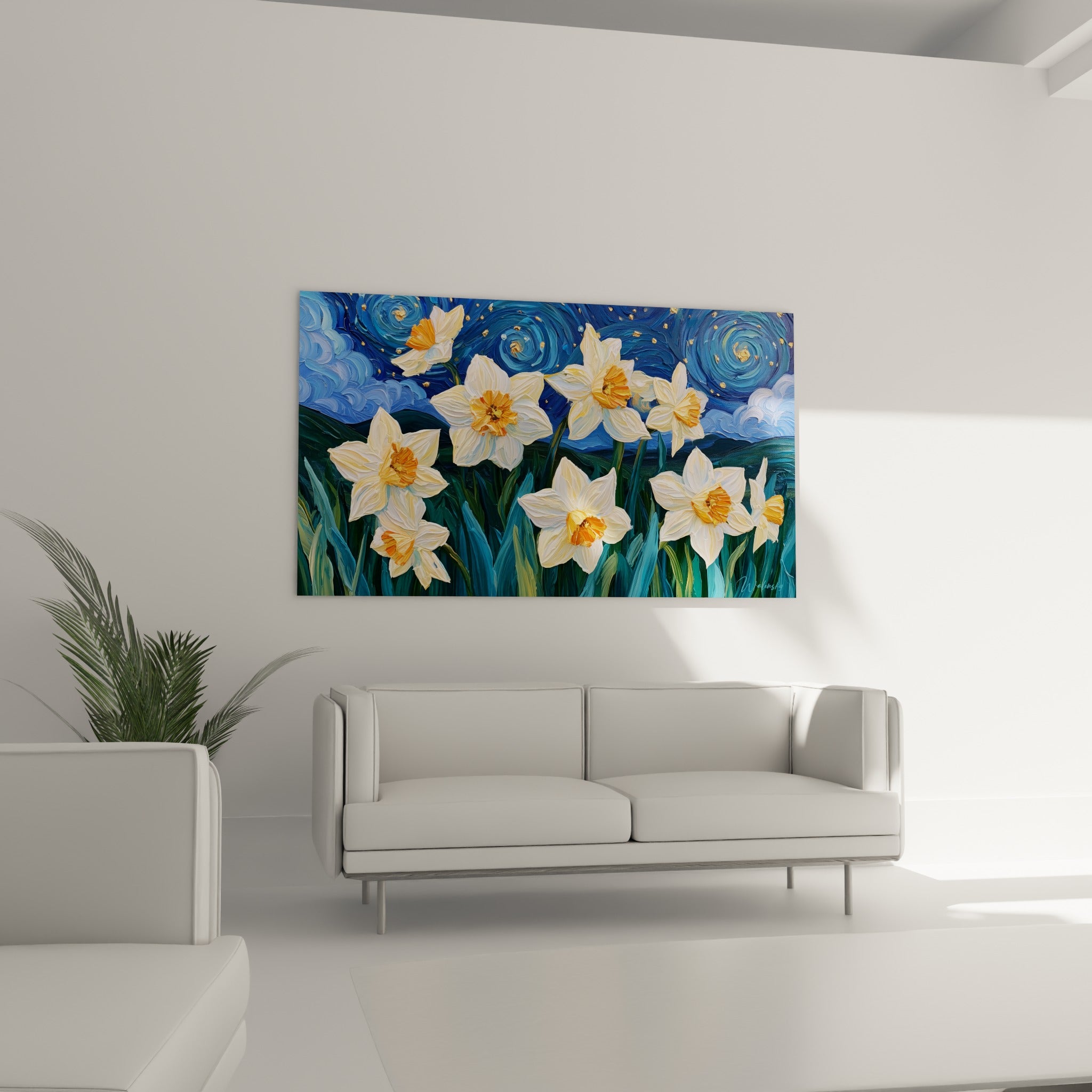 Fleurs de jonquille crème et orangées sur ciel bleu azur tourbillonnant, au-dessus d'un canapé dans un salon lumineux