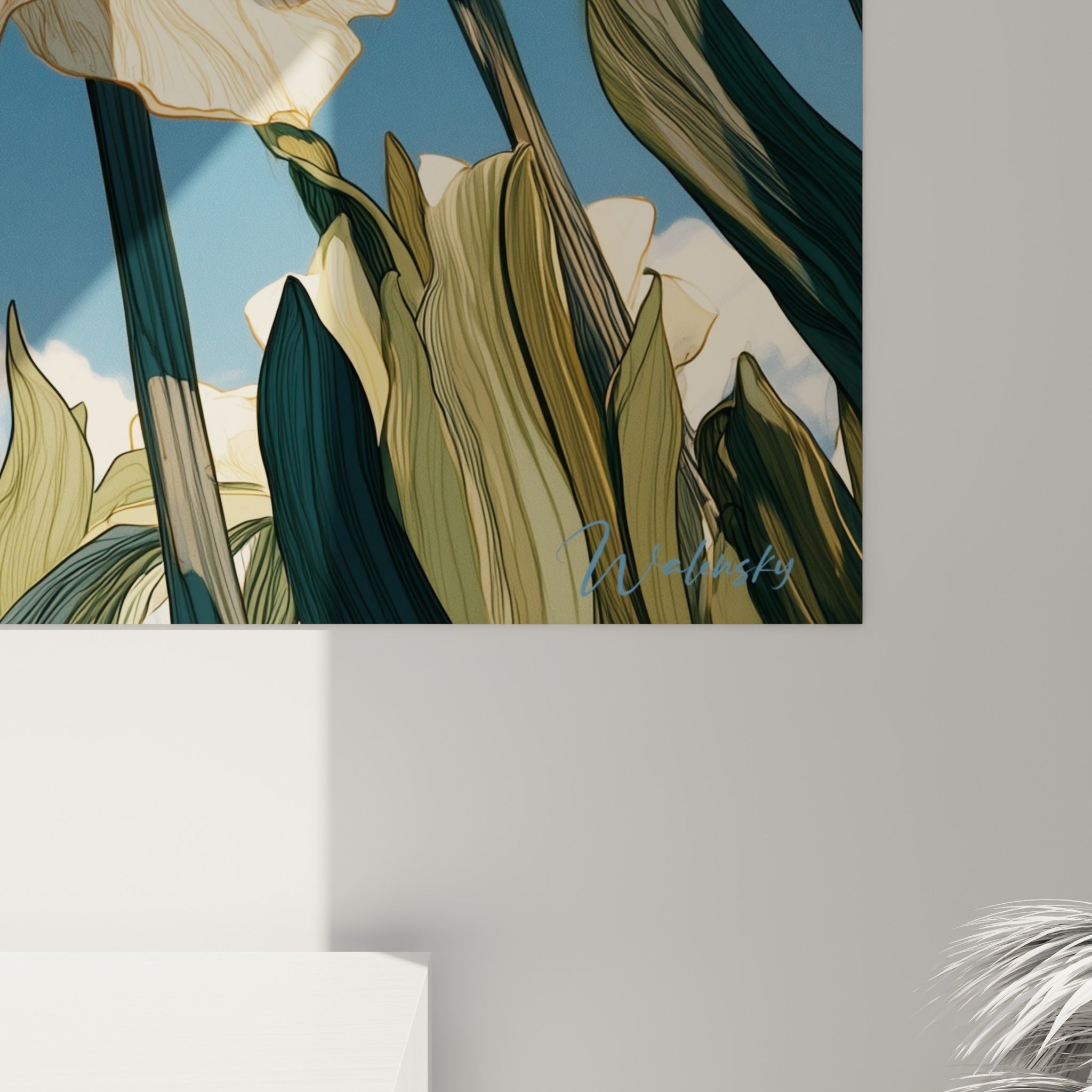 Détail des nervures dorées et du grain pictural sur les pétales blancs et orangés des jonquilles