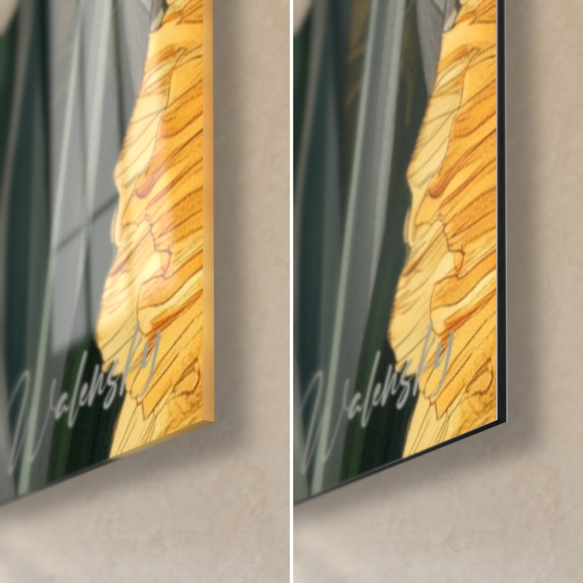 Schilderij narcisbloemen, goudgele bloemblaadje tegen donkergroen gebladerte, glanzende hoek links, mat Dibond rechts, 3 mm dik