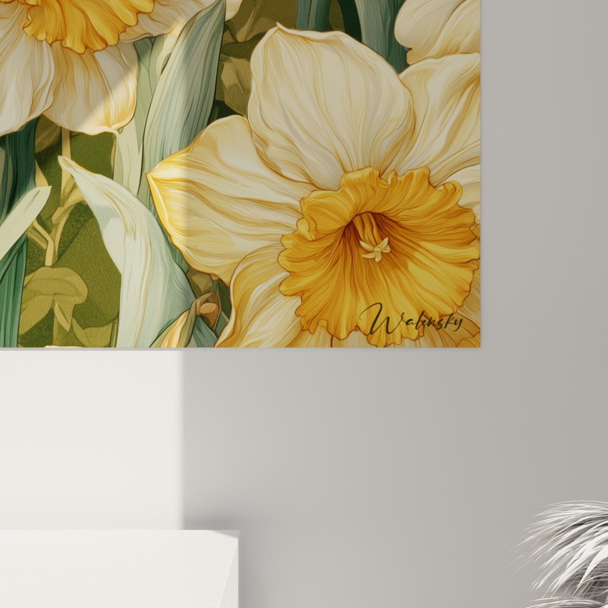 Détail des pétales crème et des cœurs orangés des jonquilles, grain fin et coulures délicates visibles