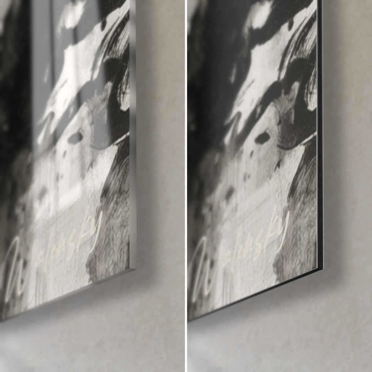 Wall art black and white daffodil bloom, bottom right corner: glossy acrylic glass and matte aluminium Dibond, 3 mm edge