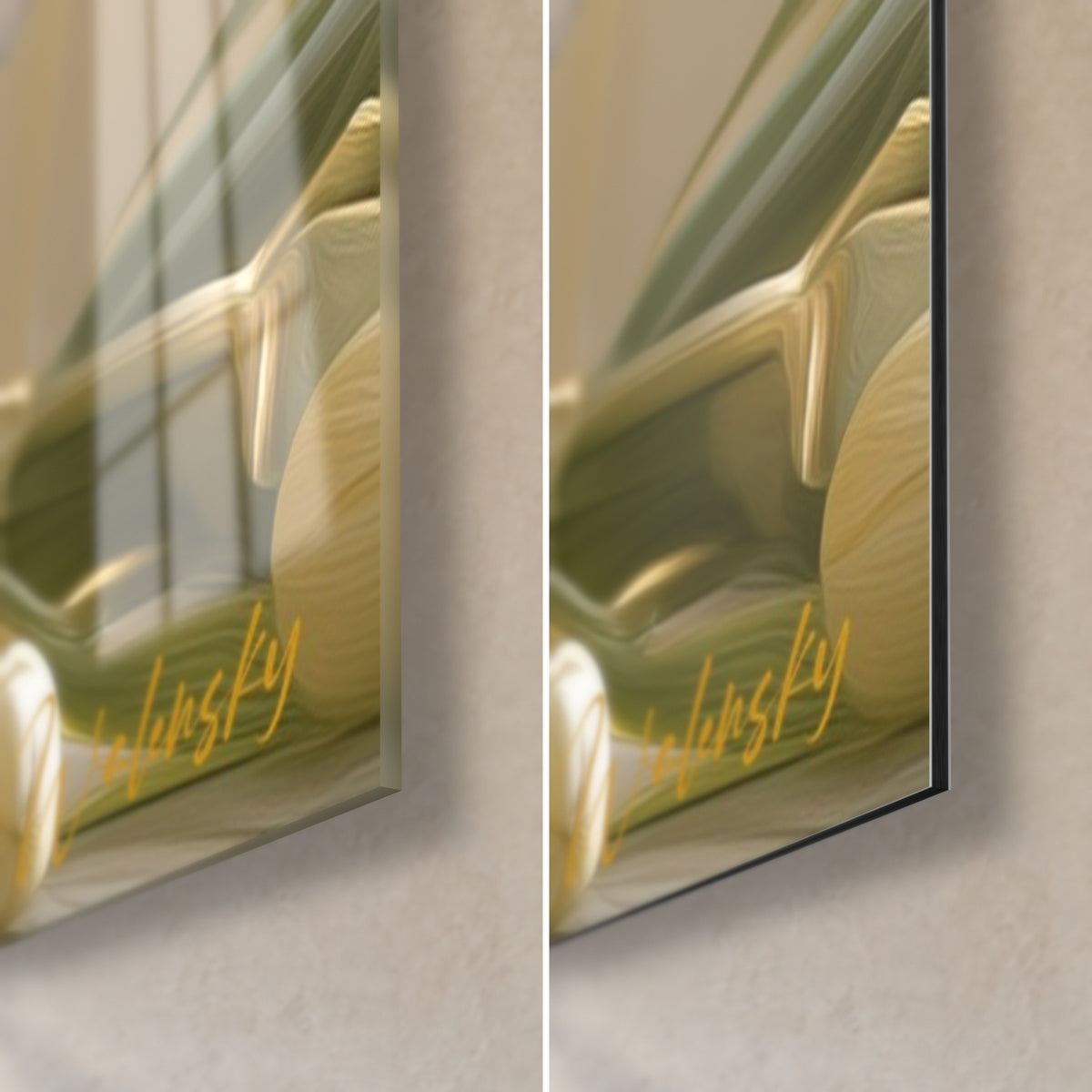 Quadro narcisi bianchi e dorati, angolo in basso a destra: vetro acrilico lucido a sinistra, alluminio Dibond opaco a destra, bordo da 3 mm visibile
