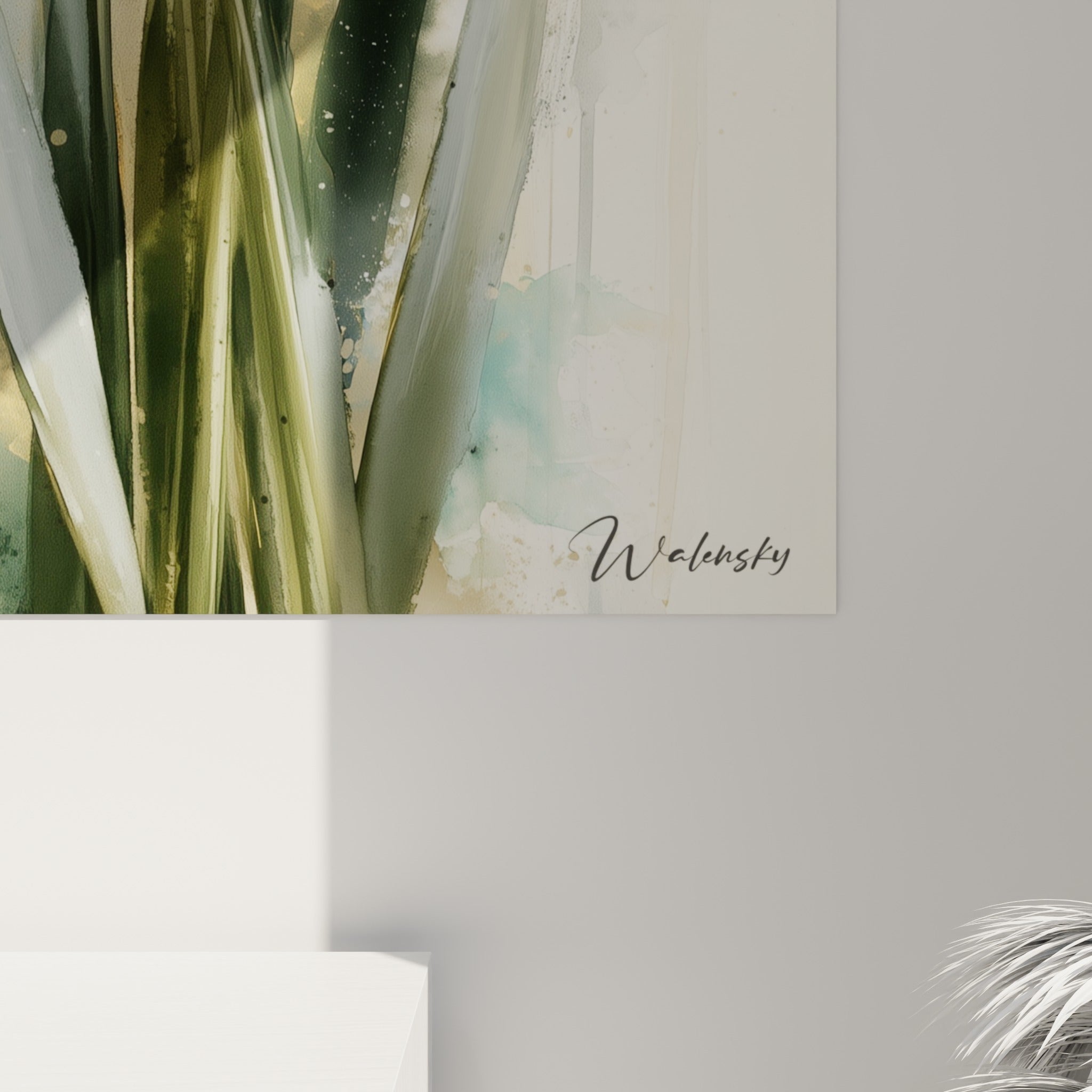 Détail des pétales blancs et du cœur doré d'une jonquille, grain aquarelle et coulures visibles sur toile