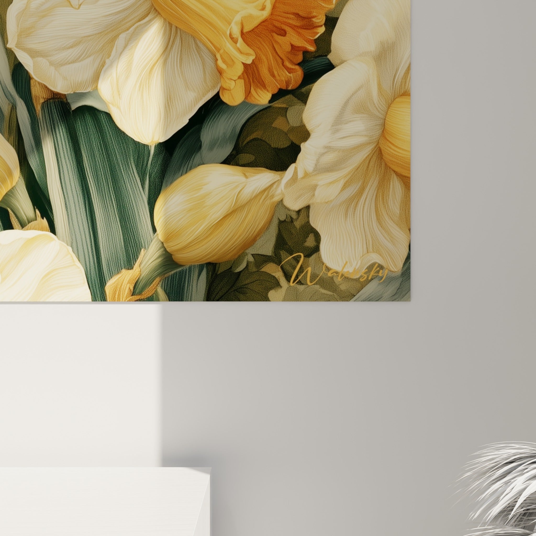 Détail des pétales de jonquilles crème et dorées, grain fin et veines visibles, coeurs cuivrés rapprochés