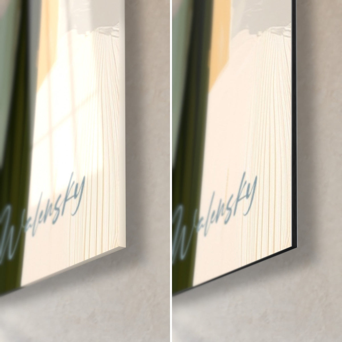 Wall art ivory daffodil blooms, bottom right corner: glossy glass on the left, matte black Dibond on the right, Walensky signature