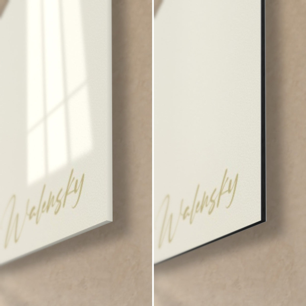 Wall art with white and yellow daffodils, bottom-right corner: glossy acrylic glass on the left, matte black Dibond on the right, 3 mm edge