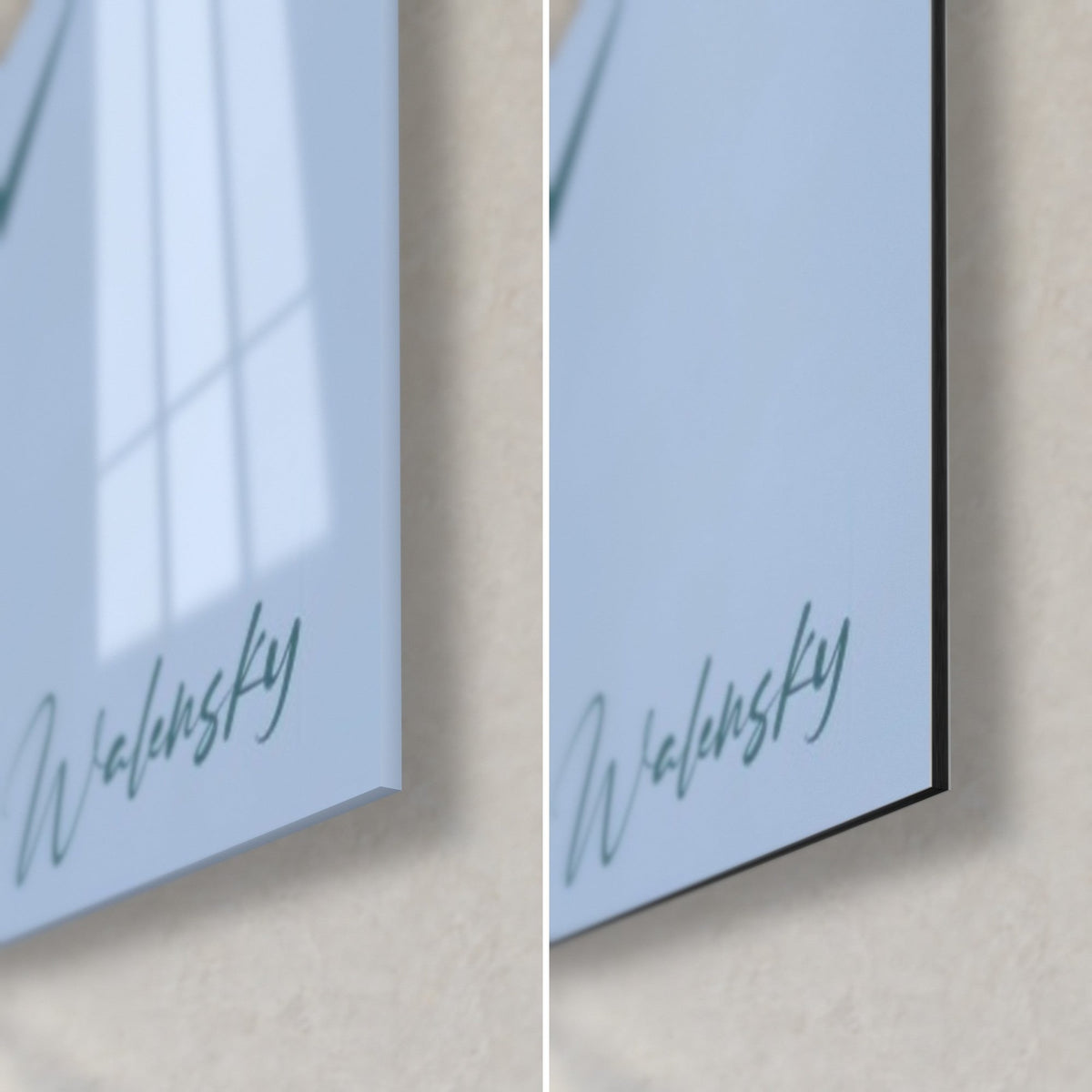 Gemälde drei Narzissen in Blau und Weiß, untere rechte Ecke: glänzendes Acrylglas mit Reflexen, mattschwarzes Dibond-Aluminium, 3 mm Kante