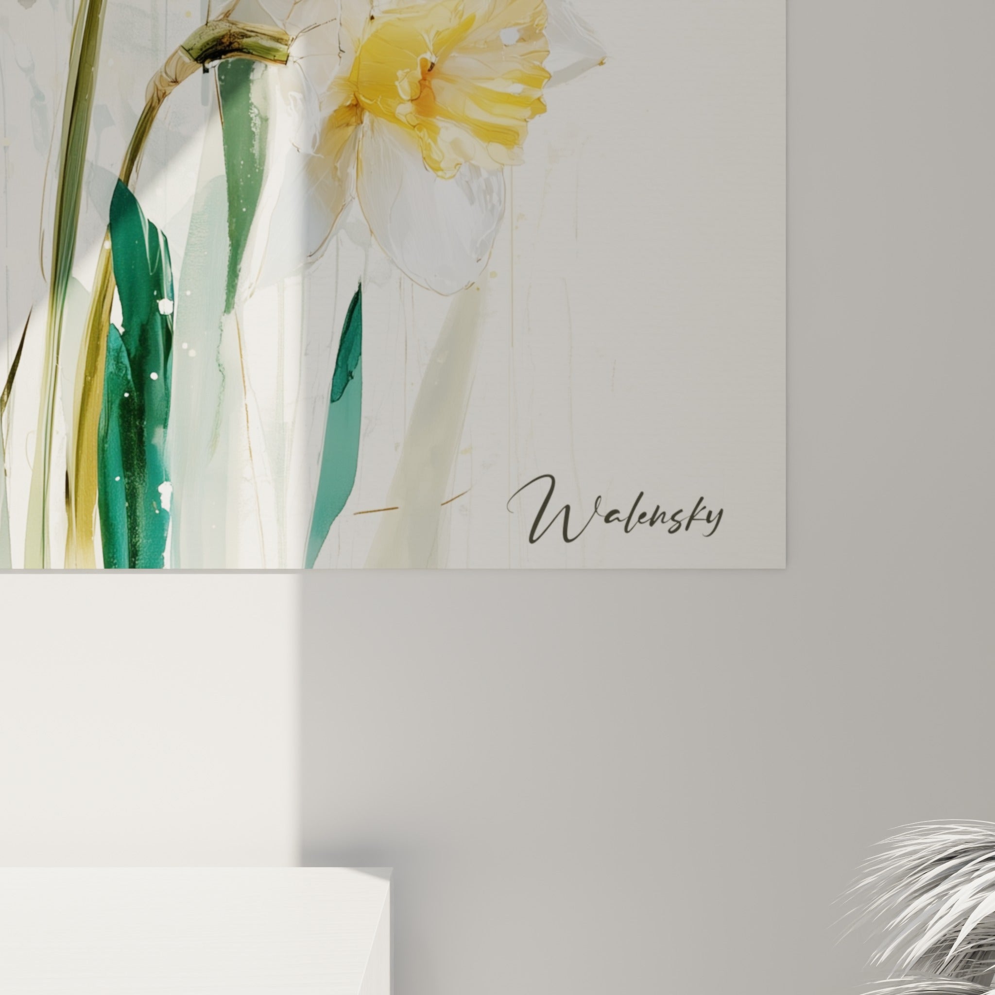 Détail du grain aquarelle des jonquilles montrant coulures dorées et pétales blancs texturés