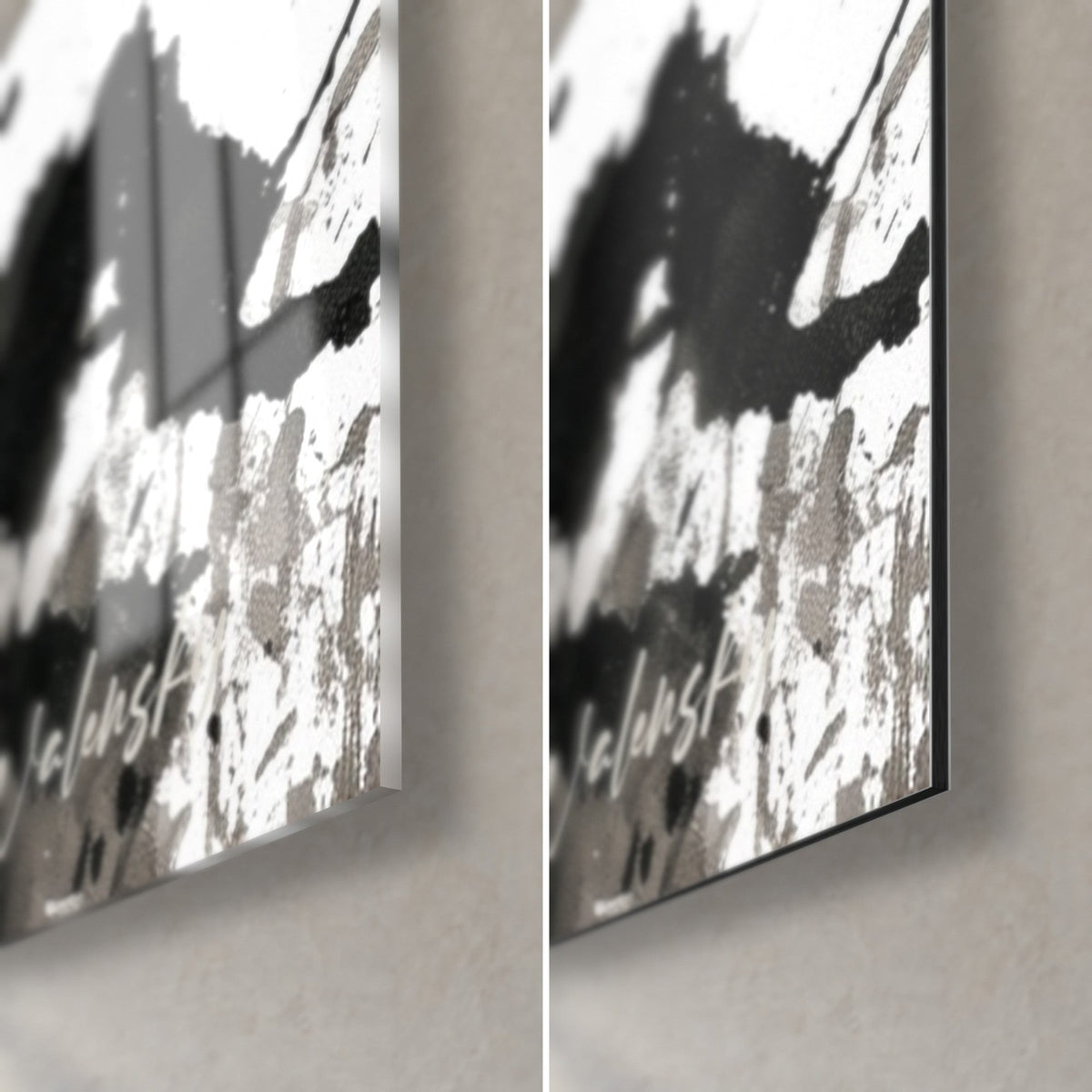 Cuadro flor de narciso en blanco y negro, esquina inferior derecha: cristal acrílico brillante a la izquierda, aluminio Dibond mate a la derecha, canto de 3 mm
