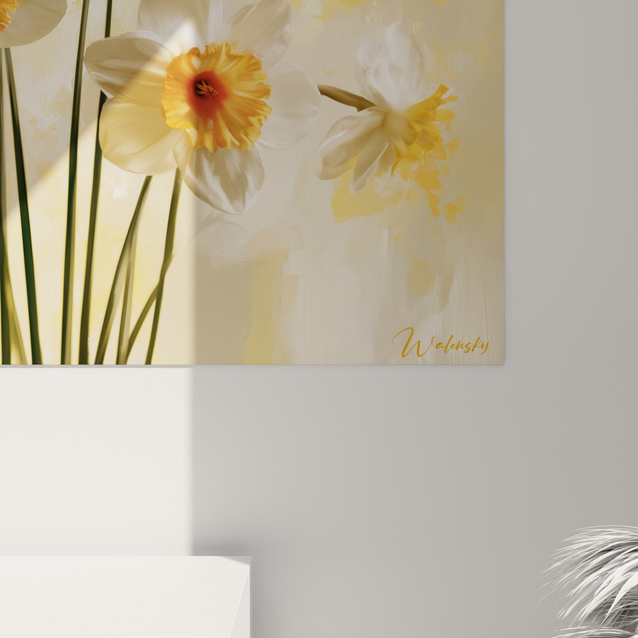 Détail des pétales blancs et cœurs orangés de la toile jonquille révélant les empâtements et la matière picturale