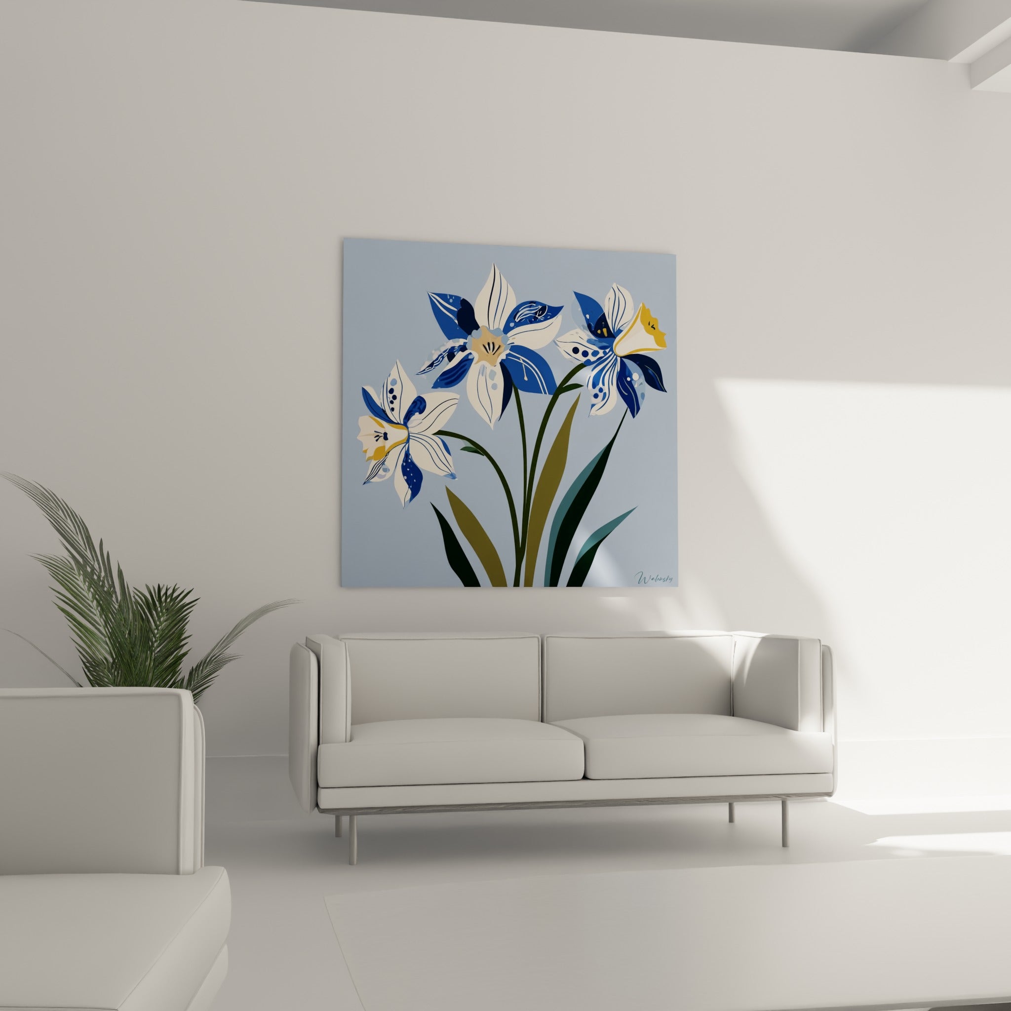 Fleurs de jonquille ivoire et anthracite au-dessus d'un canapé dans un salon lumineux